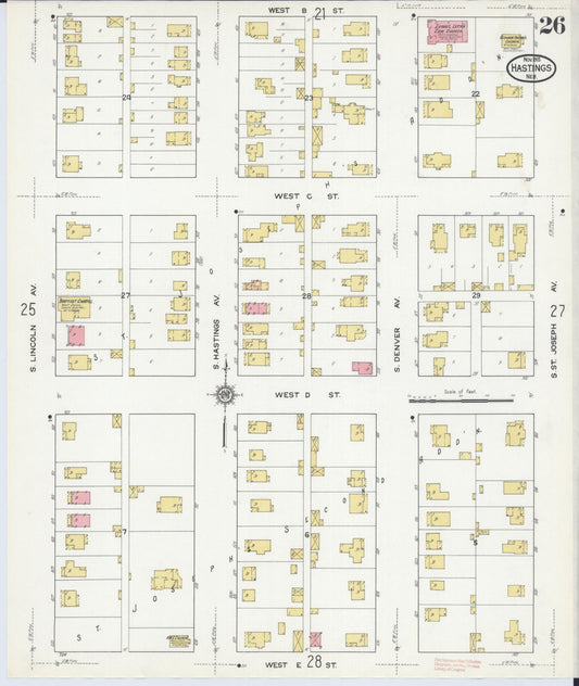 Sanborn Fire Insurance Map from Hastings, Adams County, Nebraska (1915), Sheet #0026 - Historic Sanborn Fire Insurance Map Print, vintage old map wall art, antique decor, genealogy gift, Nebraska Nebraska map