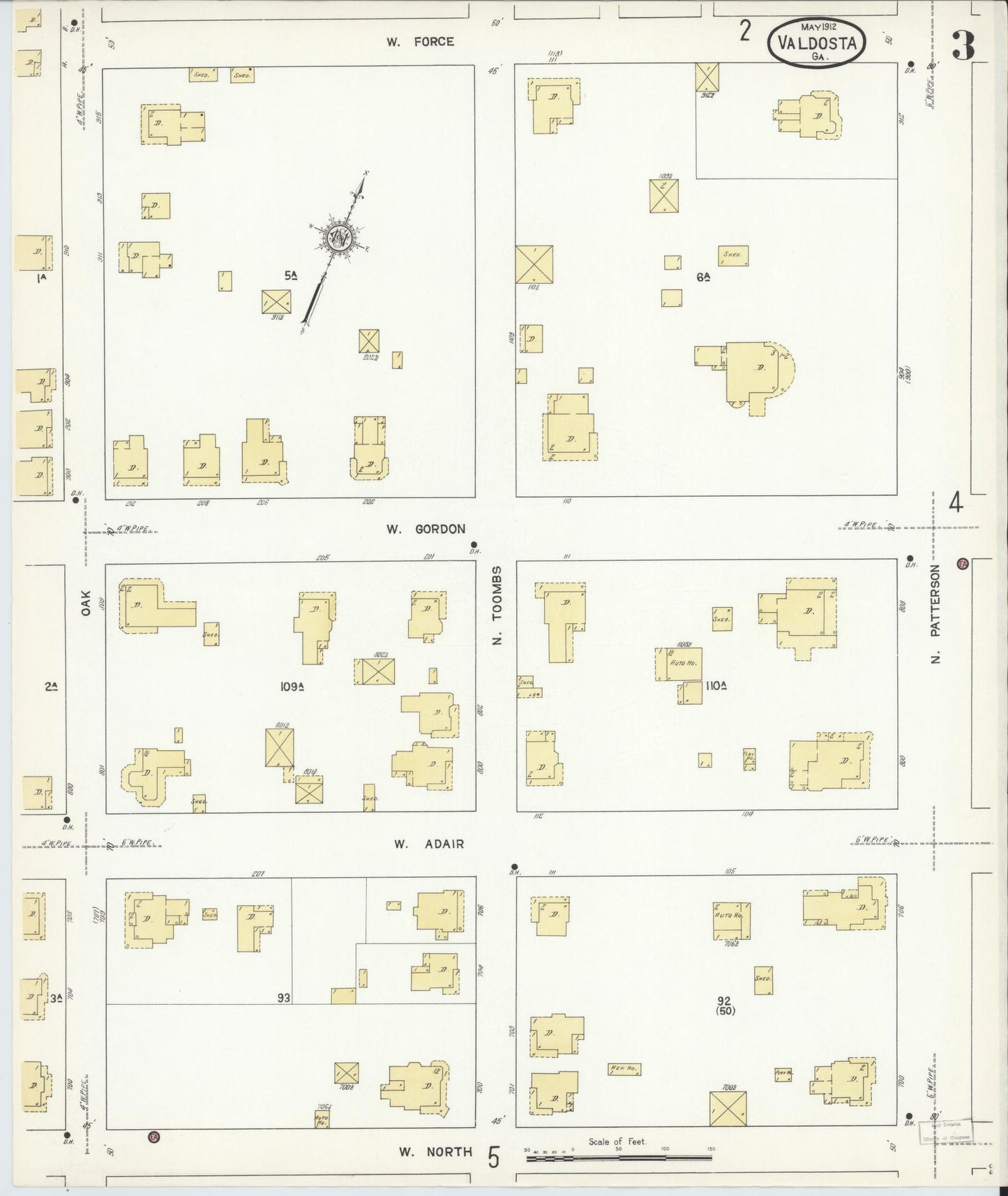 Sanborn Fire Insurance Map from Valdosta, Lowndes County, Georgia (1912), Sheet #0003 - Historic Sanborn Fire Insurance Map Print, vintage old map wall art, antique decor, genealogy gift, Georgia Georgia map