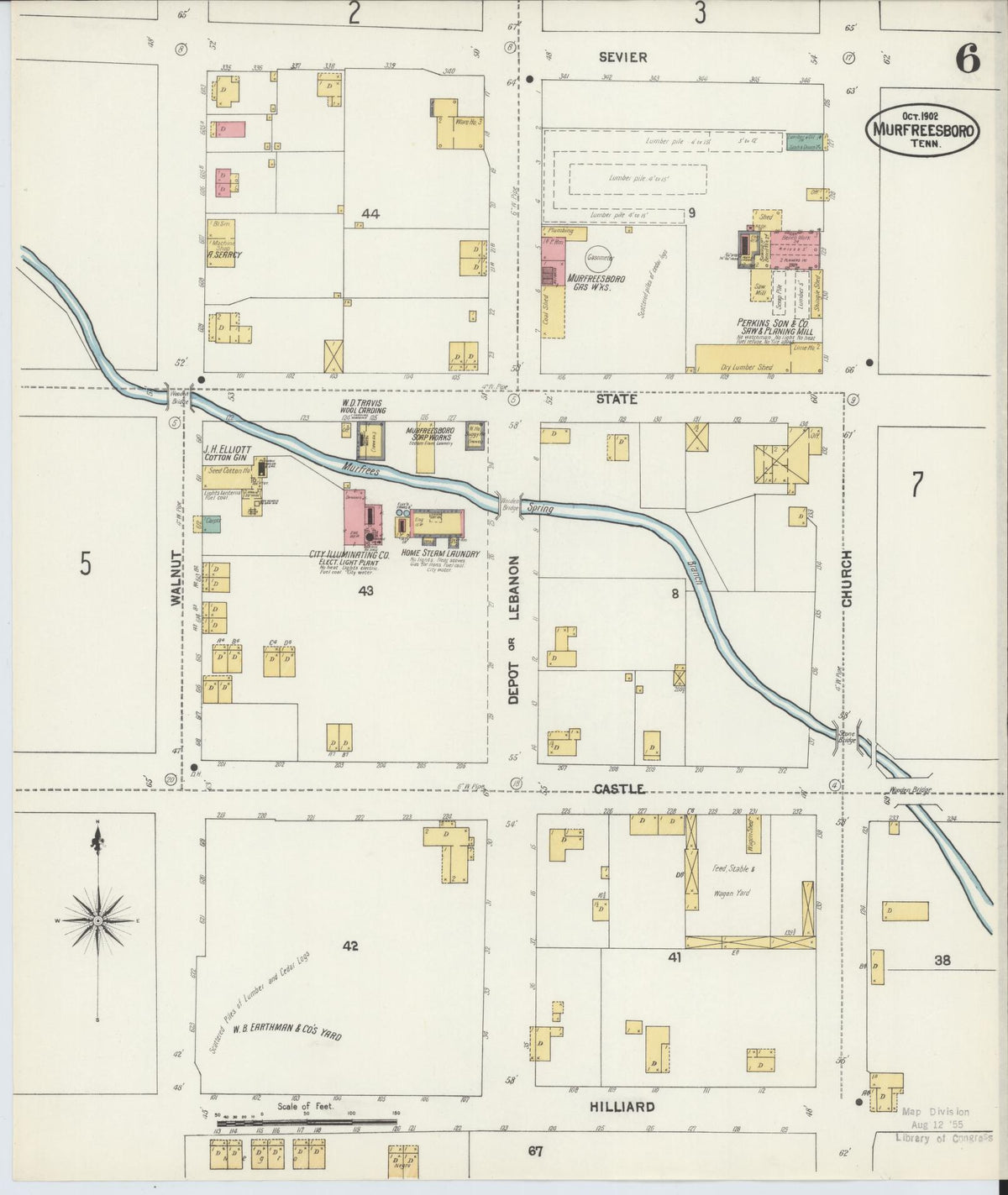Sanborn Fire Insurance Map from Murfreesboro, Rutherford County, Tennessee (1902), Sheet #0006 - Historic Sanborn Fire Insurance Map Print, vintage old map wall art, antique decor, genealogy gift, Tennessee Tennessee map