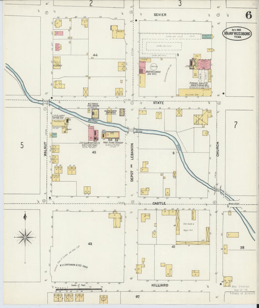 Sanborn Fire Insurance Map from Murfreesboro, Rutherford County, Tennessee (1902), Sheet #0006 - Historic Sanborn Fire Insurance Map Print, vintage old map wall art, antique decor, genealogy gift, Tennessee Tennessee map