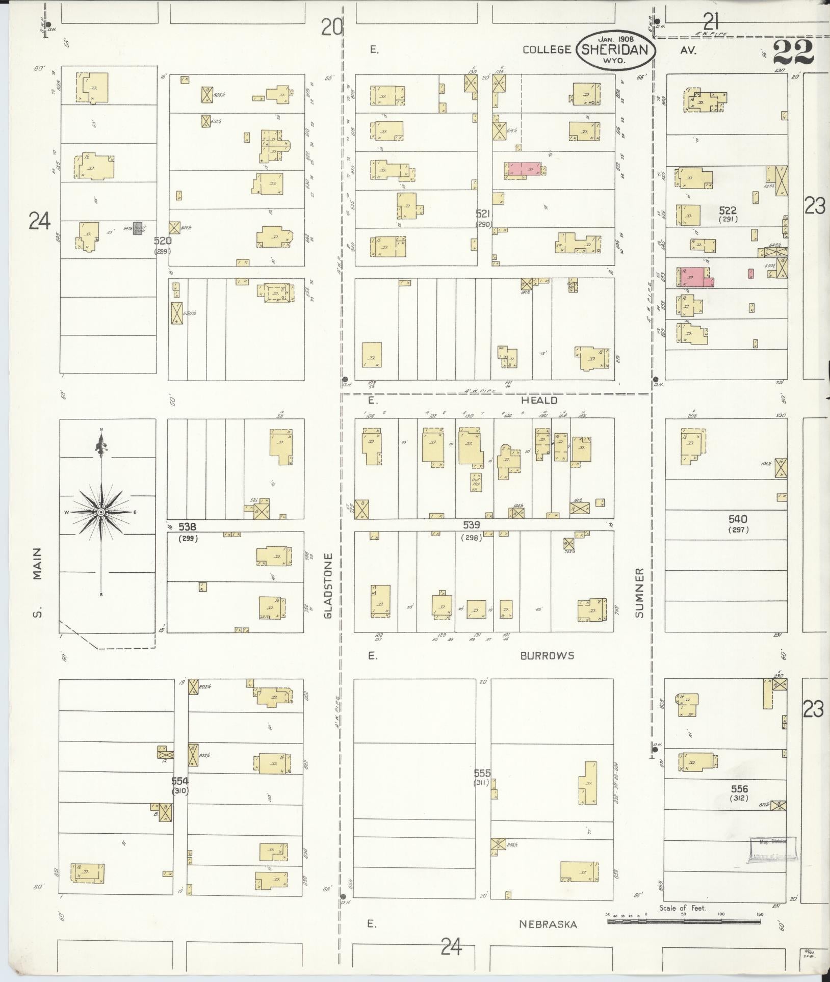 Sanborn Fire Insurance Map from Sheridan, Sheridan County, Wyoming (1908), Sheet #0022 - Complete Map Set gallery image, historic Sanborn map, vintage wall art, Wyoming Wyoming