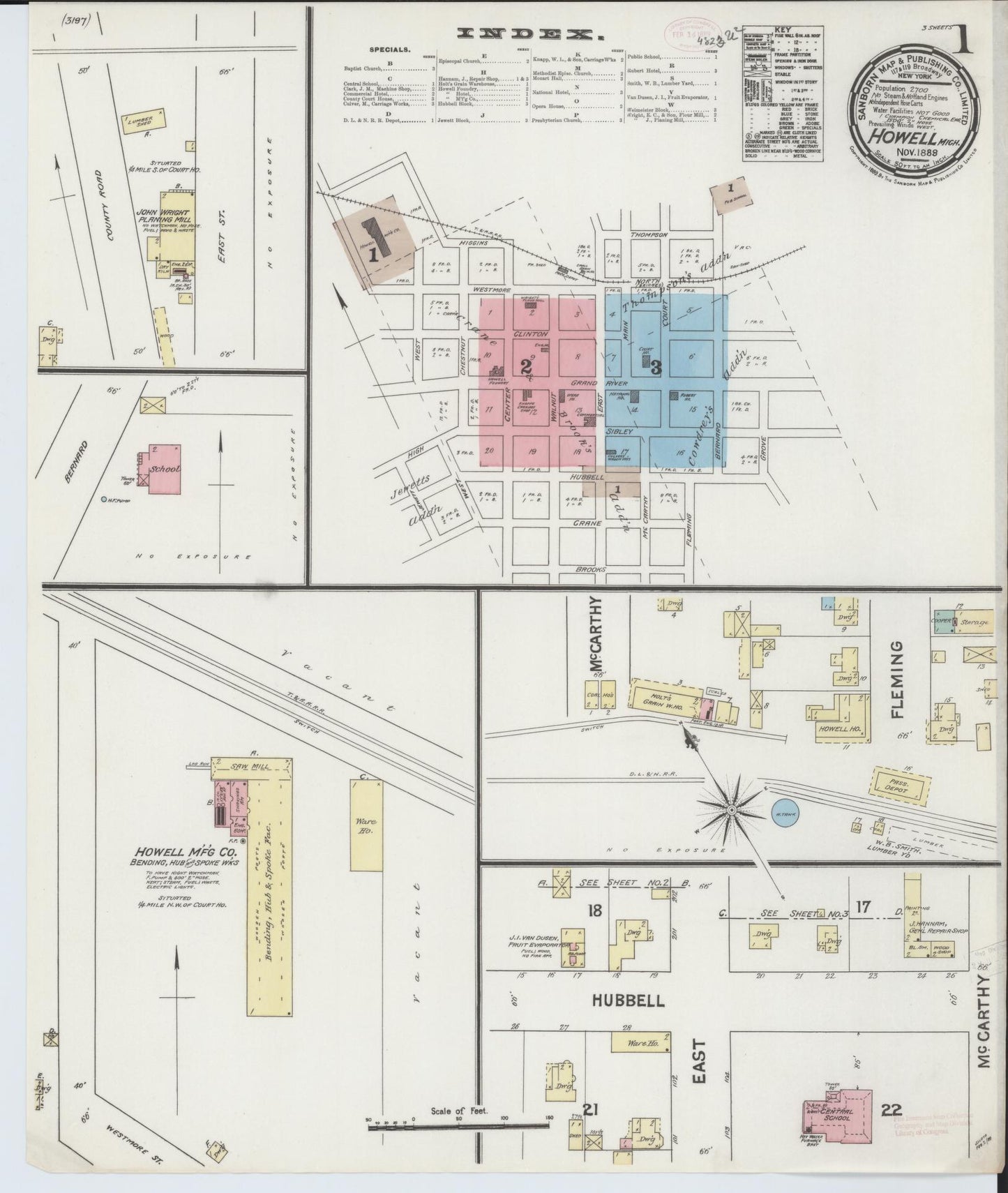 Sanborn Fire Insurance Map from Howell, Livingston County, Michigan (1888), Sheet #0001 - Historic Sanborn Fire Insurance Map Print, vintage old map wall art, antique decor, genealogy gift, Michigan Michigan map