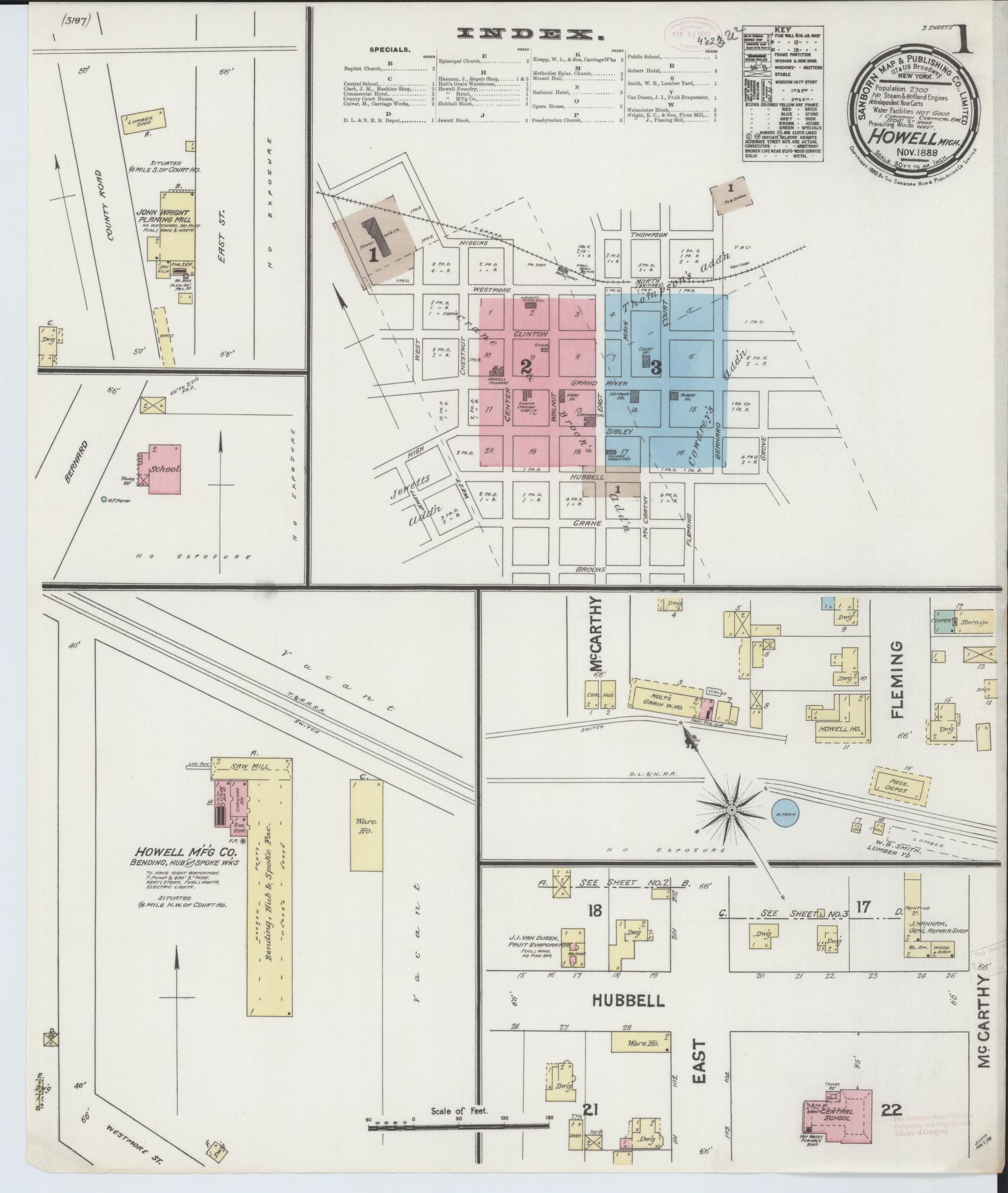 Sanborn Fire Insurance Map from Howell, Livingston County, Michigan (1888), Sheet #0001 - Historic Sanborn Fire Insurance Map Print, vintage old map wall art, antique decor, genealogy gift, Michigan Michigan map