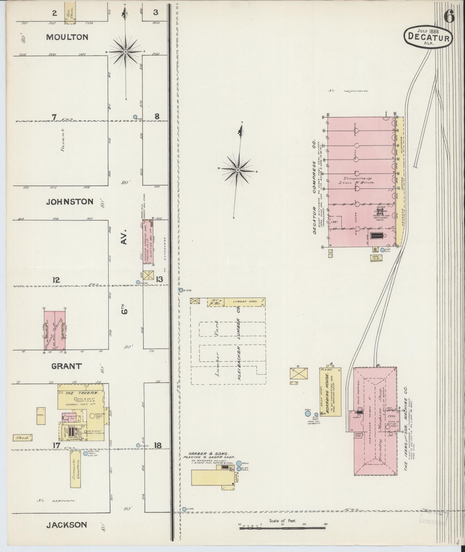 Sanborn Fire Insurance Map from Decatur, Morgan County, Alabama (1888), Sheet #0006 - Historic Sanborn Fire Insurance Map Print, vintage old map wall art, antique decor, genealogy gift, Alabama Alabama map
