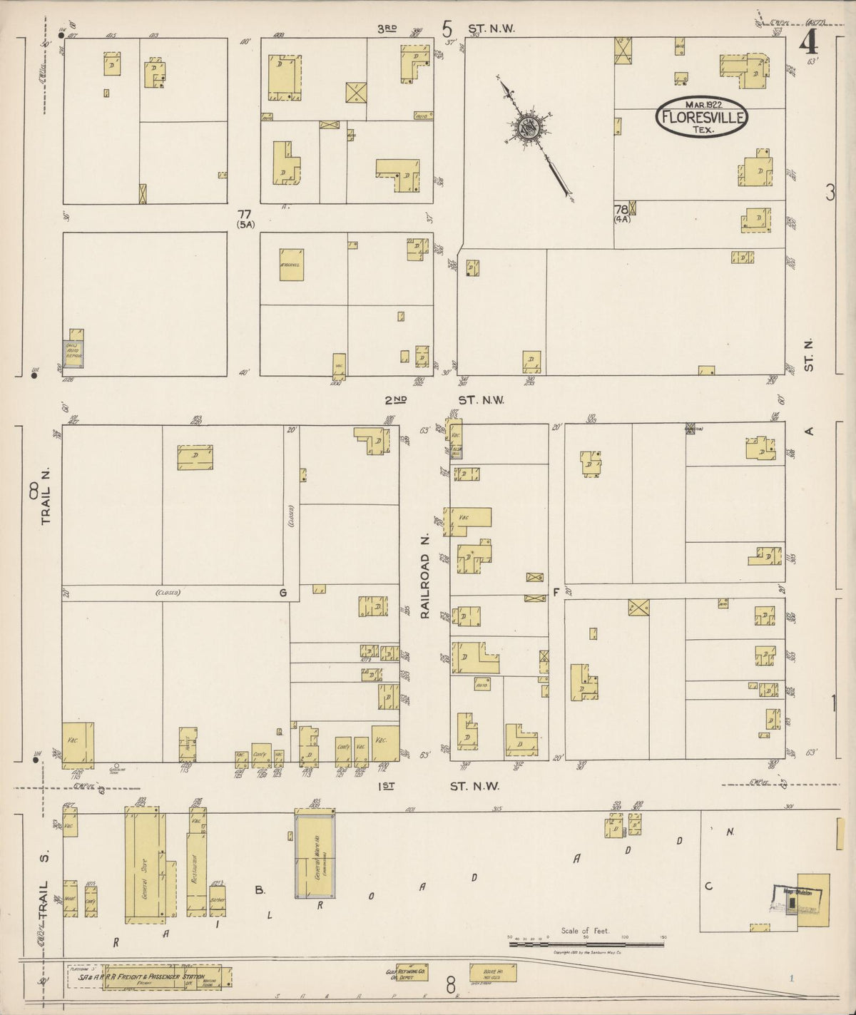 Sanborn Fire Insurance Map from Floresville, Wilson County, Texas (1922), Sheet #0004 - Complete Map Set gallery image, historic Sanborn map, vintage wall art, Texas Texas