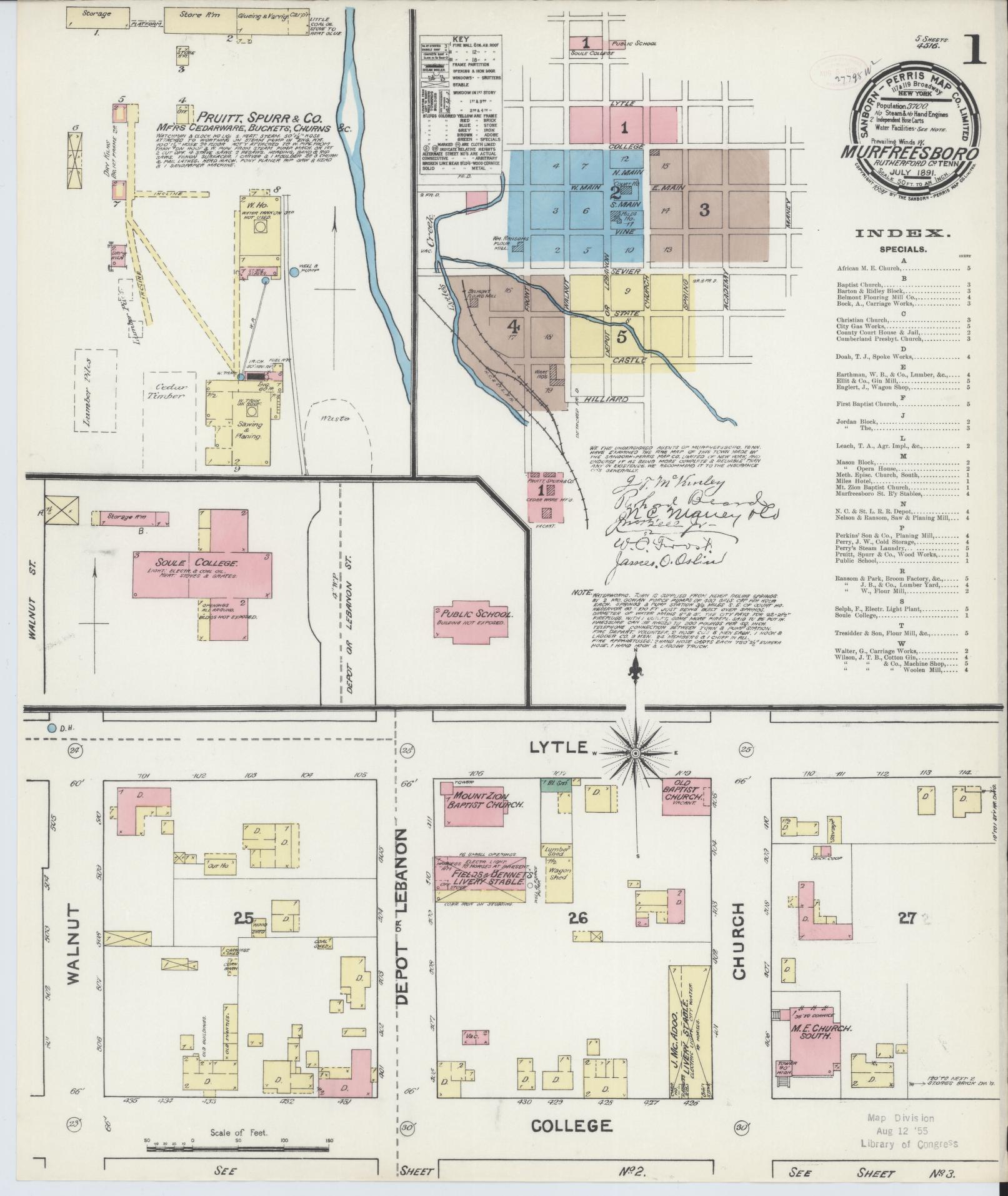 Sanborn Fire Insurance Map from Murfreesboro, Rutherford County, Tennessee. (1891) – Historic Sanborn Fire Insurance Map Print