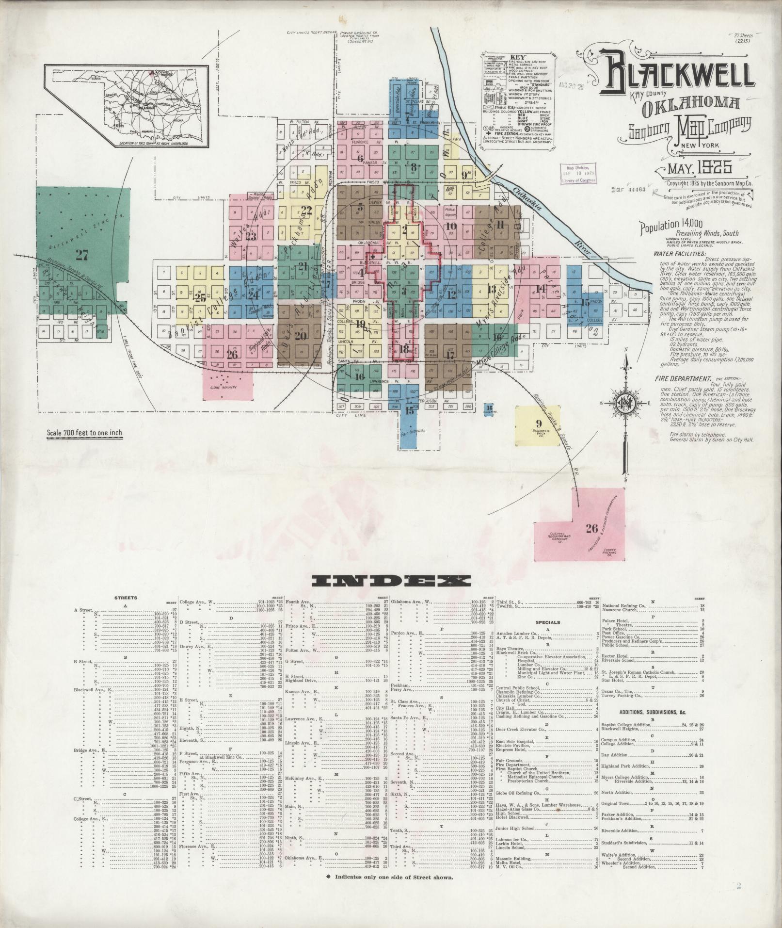 Sanborn Fire Insurance Map from Blackwell, Kay County, Oklahoma (1925), Sheet #0001 - Historic Sanborn Fire Insurance Map Print, vintage old map wall art, antique decor, genealogy gift, Oklahoma Oklahoma map