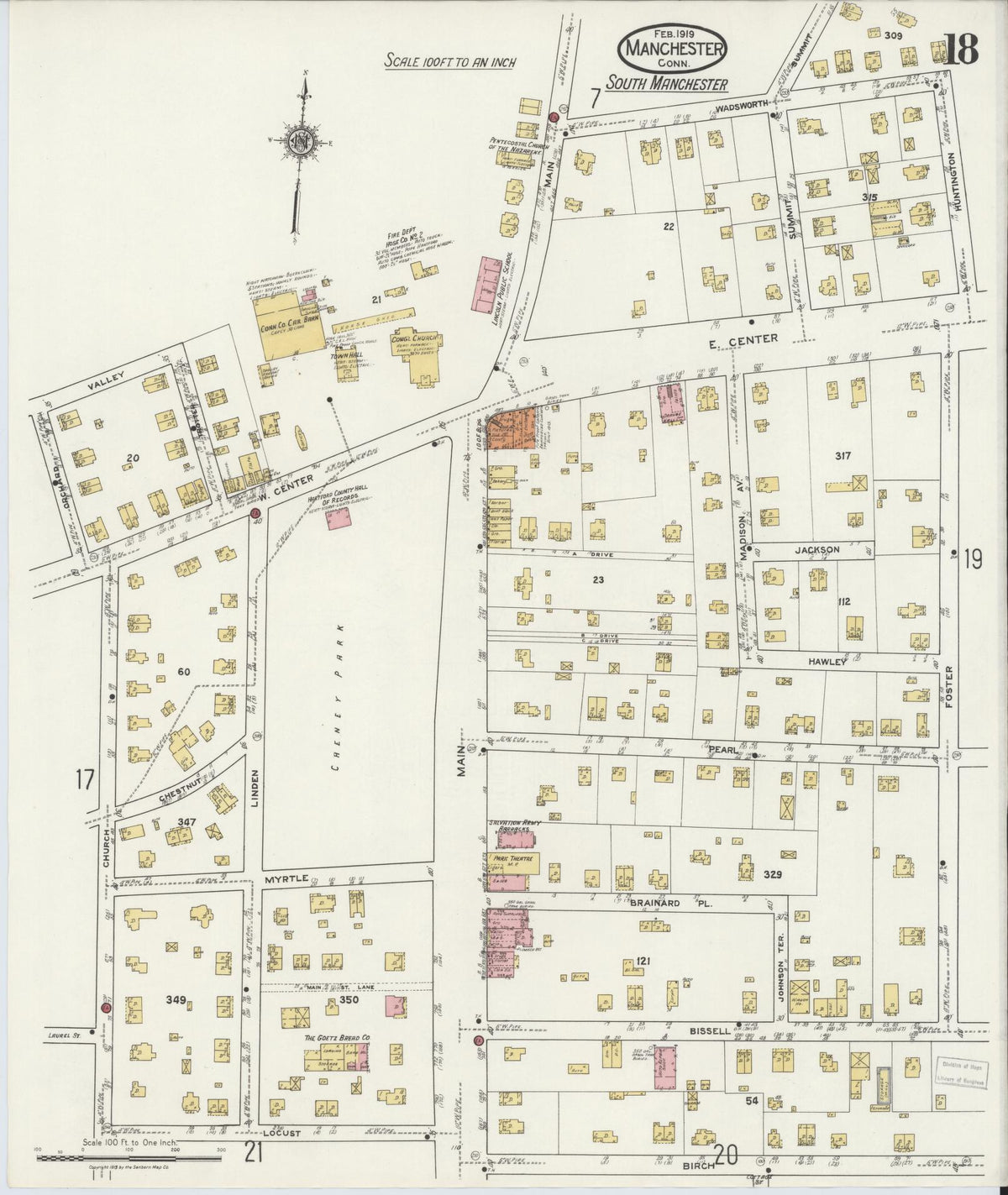 Sanborn Fire Insurance Map from Manchester, Hartford County, Connecticut (1919), Sheet #0018 - Historic Sanborn Fire Insurance Map Print, vintage old map wall art, antique decor, genealogy gift, Connecticut Connecticut map