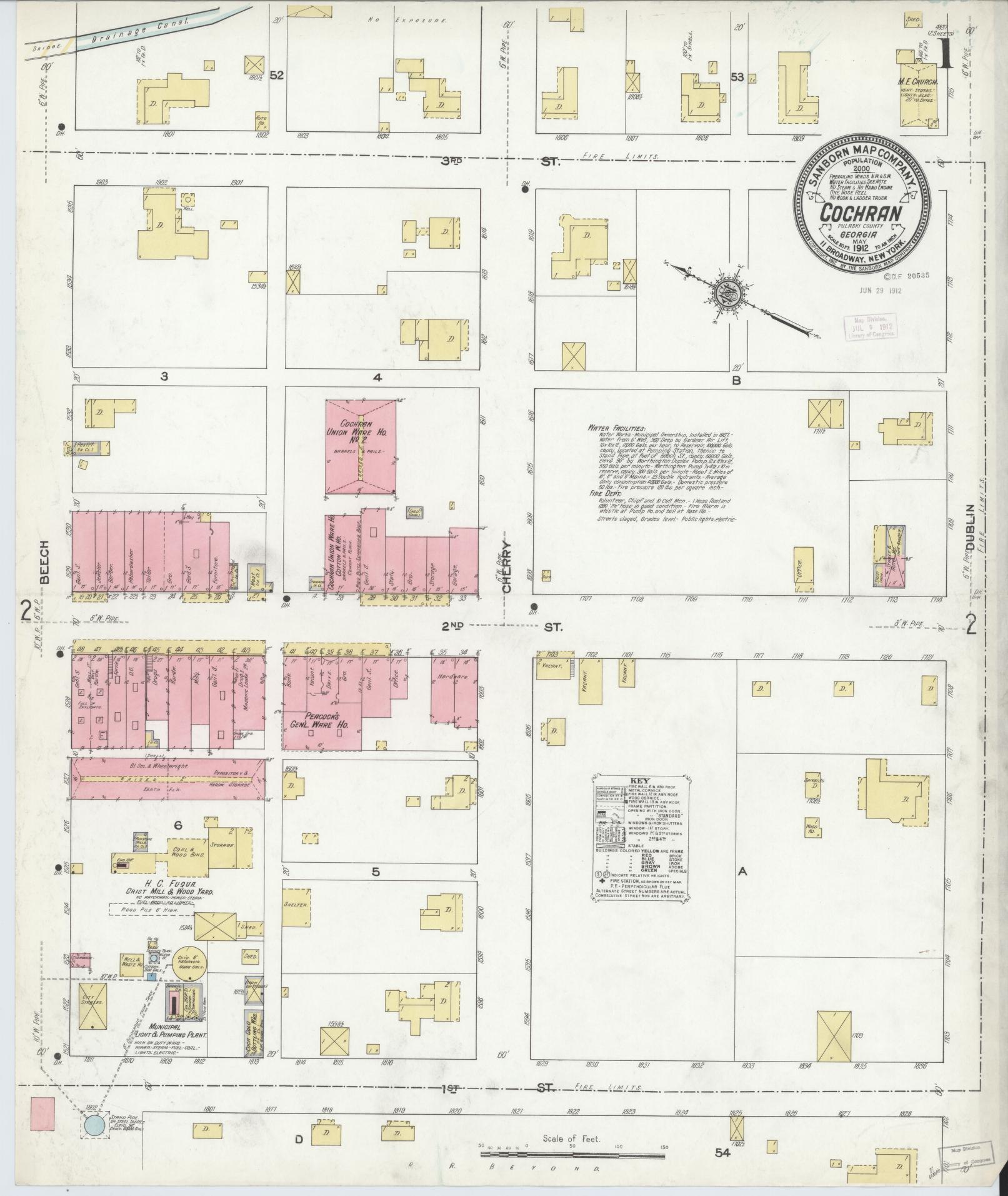 Sanborn Fire Insurance Map from Cochran, Bleckley County, Georgia (1912), Sheet #0001 - Historic Sanborn Fire Insurance Map Print, vintage old map wall art, antique decor, genealogy gift, Georgia Georgia map