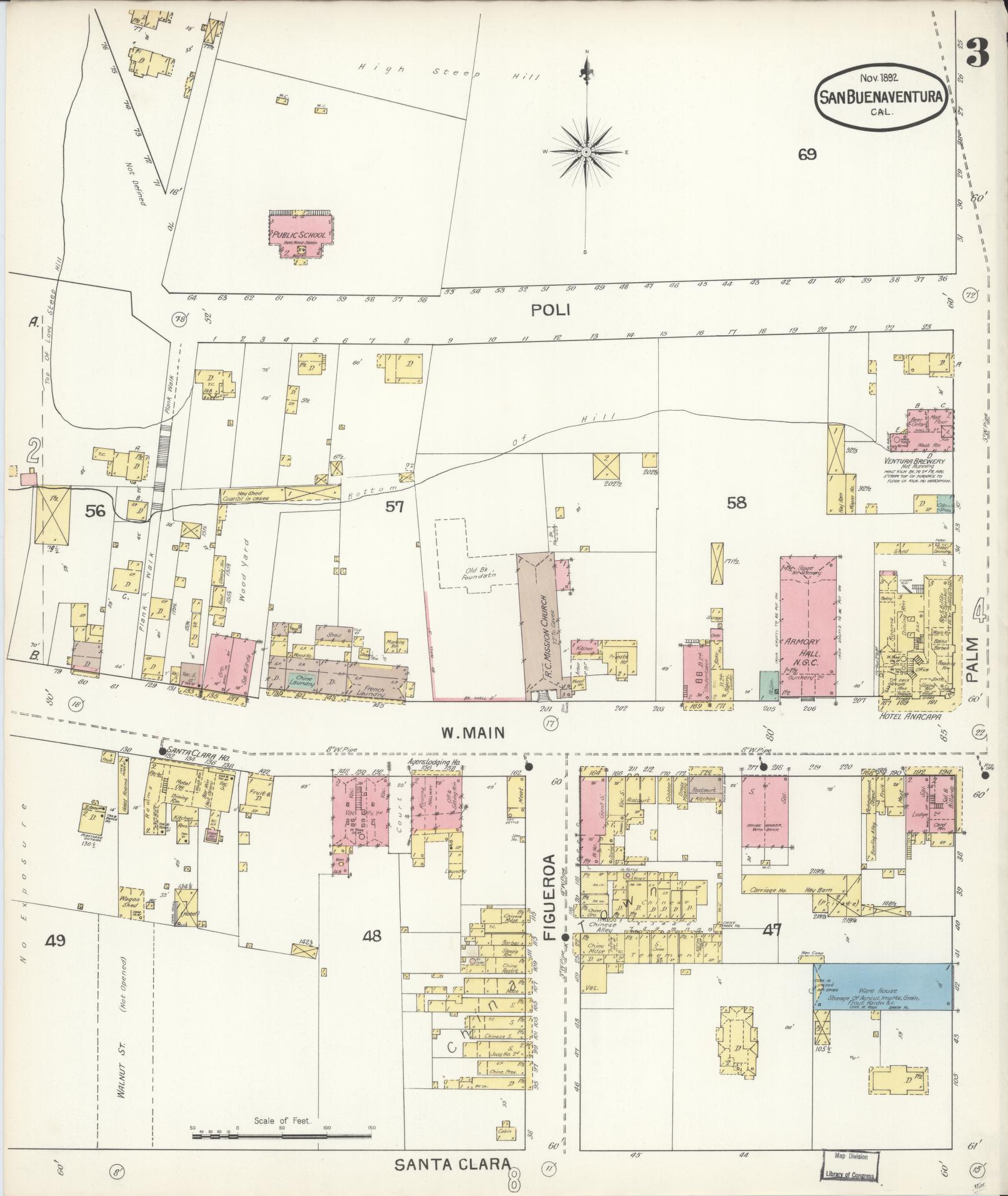 Sanborn Fire Insurance Map from San Buenaventura, Ventura County, California (1892), Sheet #0003 - Complete Map Set gallery image, historic Sanborn map, vintage wall art, California California