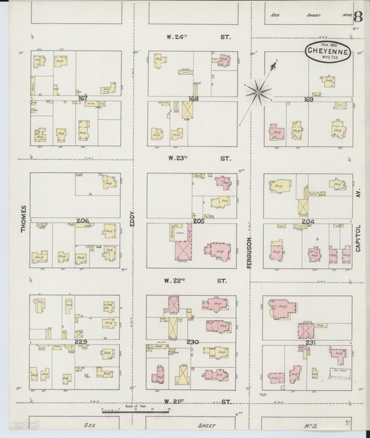Sanborn Fire Insurance Map from Cheyenne, Laramie County, Wyoming (1890), Sheet #0008 - Historic Sanborn Fire Insurance Map Print, vintage old map wall art, antique decor, genealogy gift, Wyoming Wyoming map