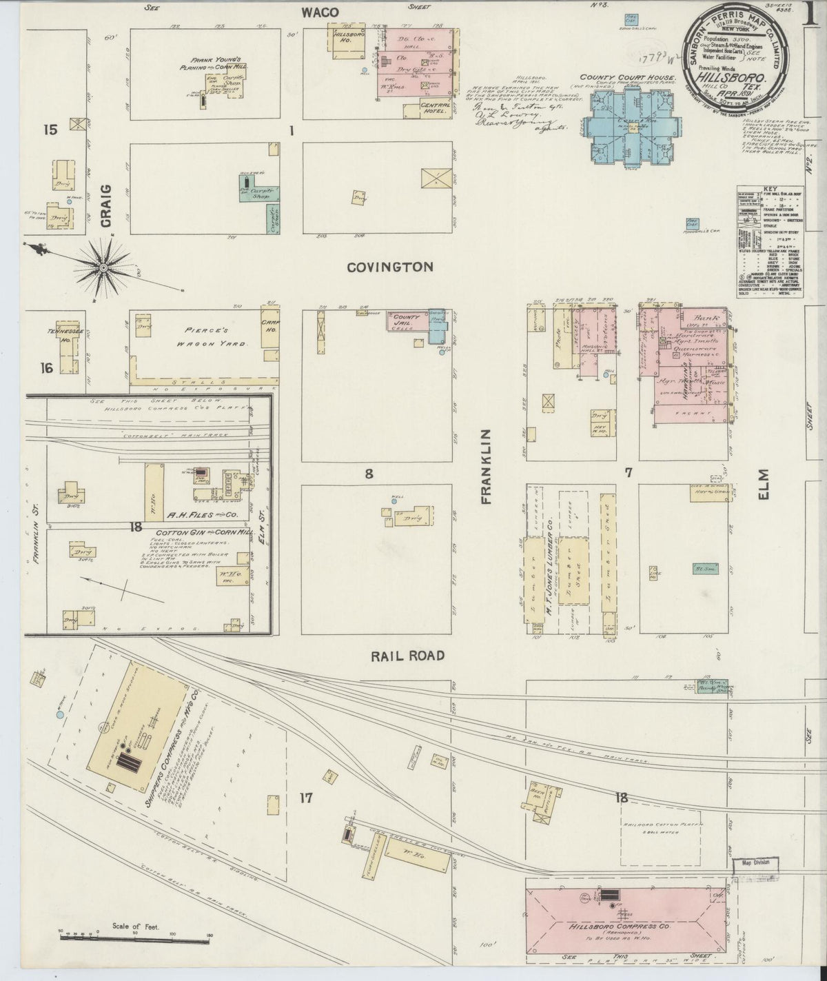 Sanborn Fire Insurance Map from Hillsboro, Hill County, Texas (1891), Sheet #0001 - Complete Map Set gallery image, historic Sanborn map, vintage wall art, Texas Texas
