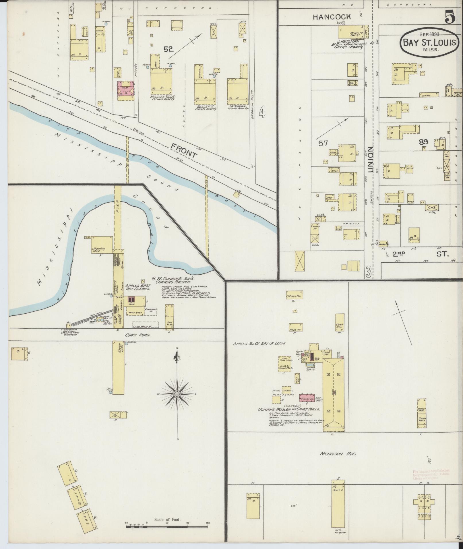 Sanborn Fire Insurance Map from Bay Saint Louis, Hancock County, Mississippi (1893), Sheet #0005 - Historic Sanborn Fire Insurance Map Print, vintage old map wall art, antique decor, genealogy gift, Mississippi Mississippi map