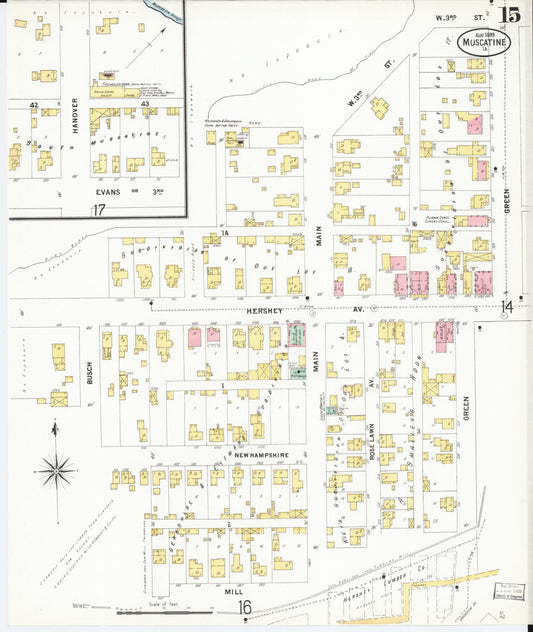 Sanborn Fire Insurance Map from Muscatine, Muscatine County, Iowa (1899), Sheet #0015 - Historic Sanborn Fire Insurance Map Print, vintage old map wall art