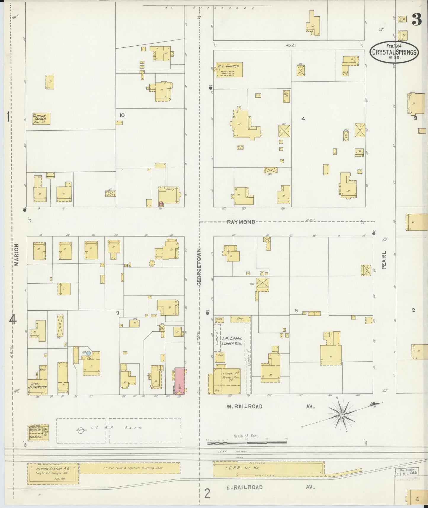 Sanborn Fire Insurance Map from Crystal Springs, Copiah County, Mississippi (1904), Sheet #0003 - Historic Sanborn Fire Insurance Map Print, vintage old map wall art, antique decor, genealogy gift, Mississippi Mississippi map