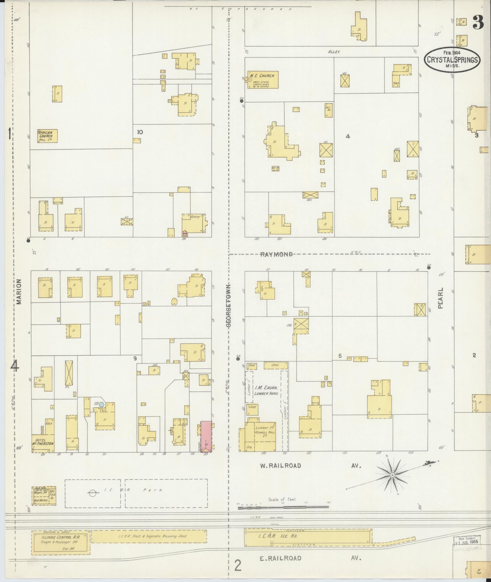 Sanborn Fire Insurance Map from Crystal Springs, Copiah County, Mississippi (1904), Sheet #0003 - Historic Sanborn Fire Insurance Map Print, vintage old map wall art, antique decor, genealogy gift, Mississippi Mississippi map
