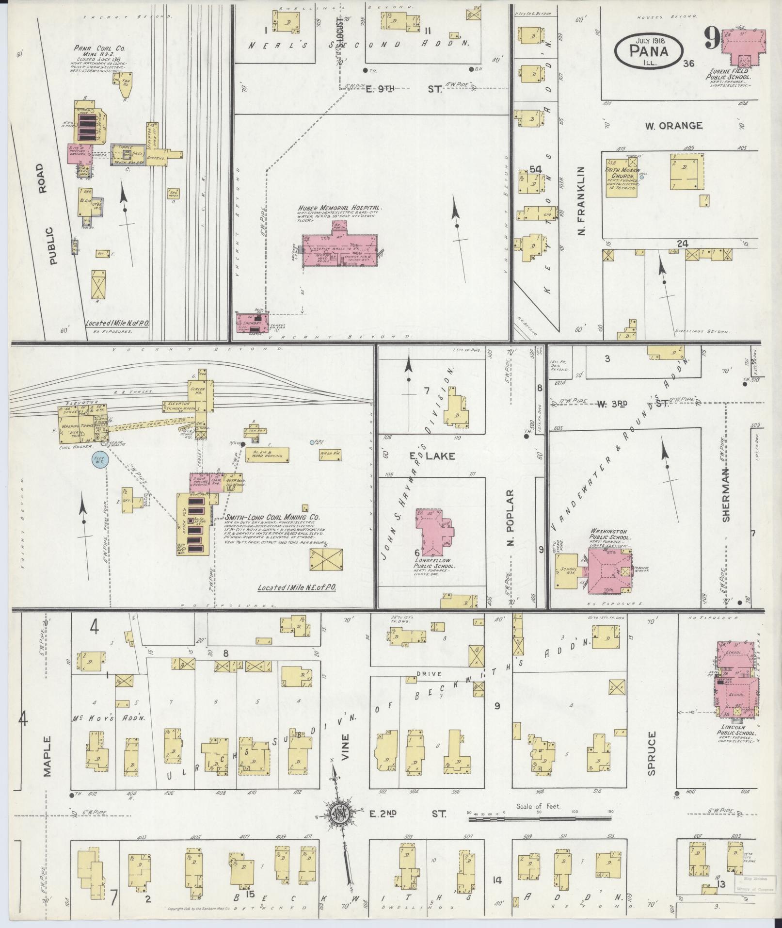 Sanborn Fire Insurance Map from Pana, Christian County, Illinois (1916), Sheet #0009 - Complete Map Set gallery image, historic Sanborn map, vintage wall art, Illinois Illinois