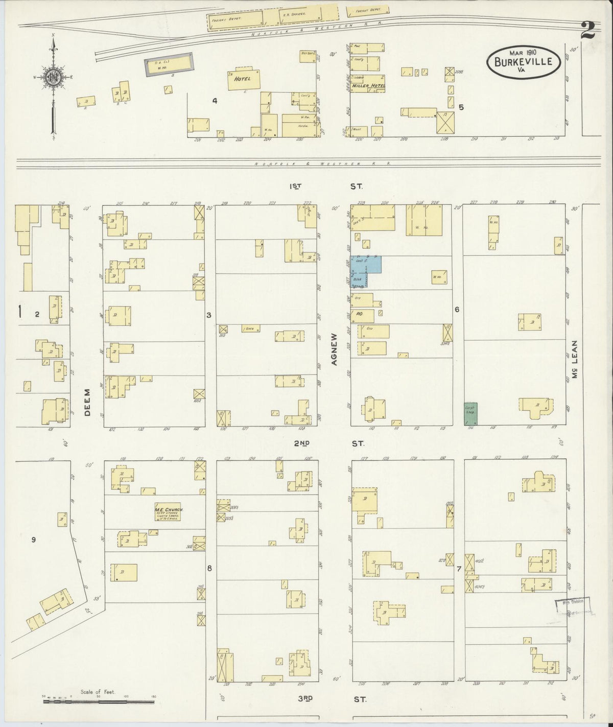 Sanborn Fire Insurance Map from Burkeville, Nottoway County, Virginia (1910), Sheet #0002 - Complete Map Set gallery image, historic Sanborn map, vintage wall art, Virginia Virginia