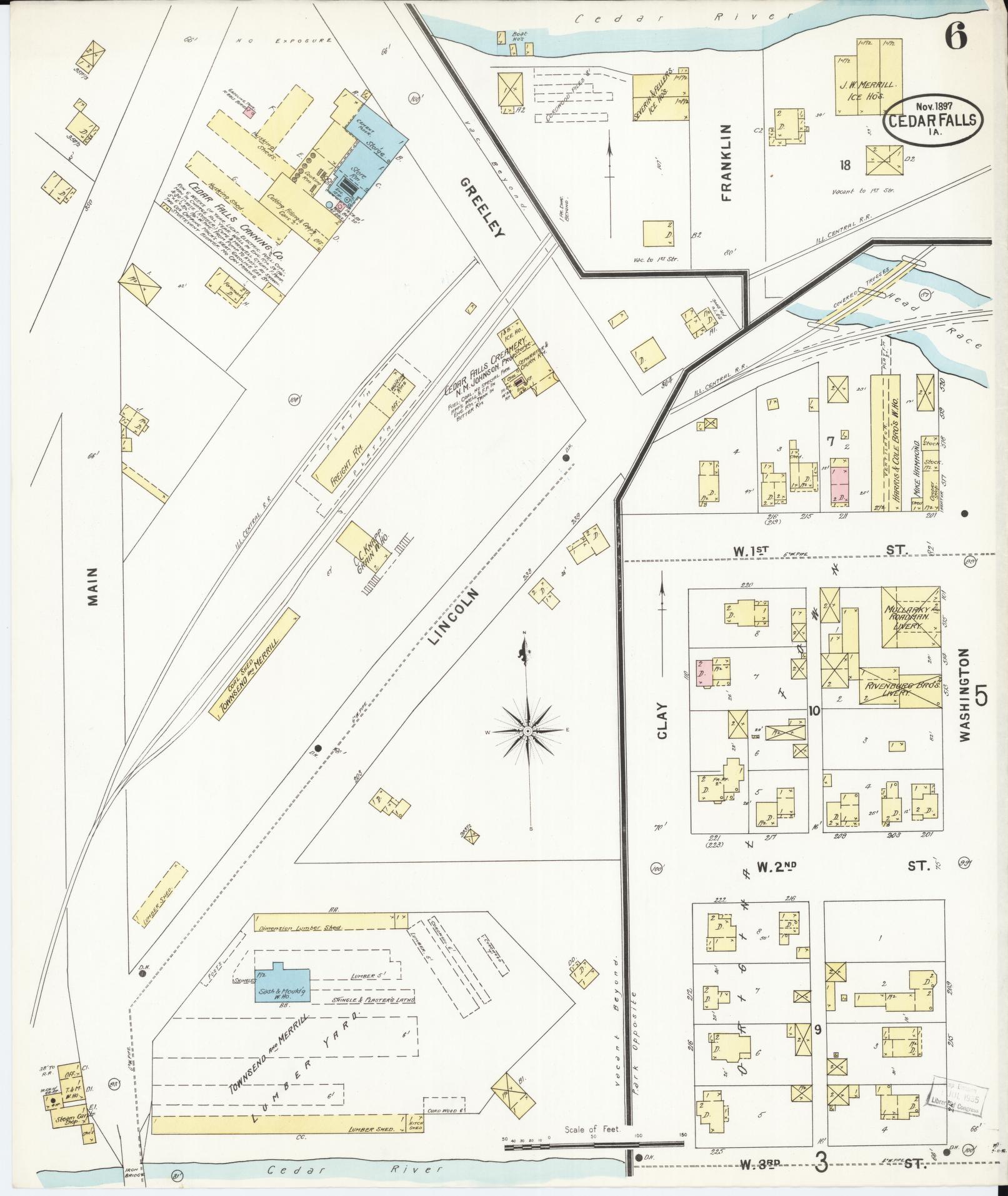 Sanborn Fire Insurance Map from Cedar Falls, Black Hawk County, Iowa (1897), Sheet #0006 - Historic Sanborn Fire Insurance Map Print, vintage old map wall art