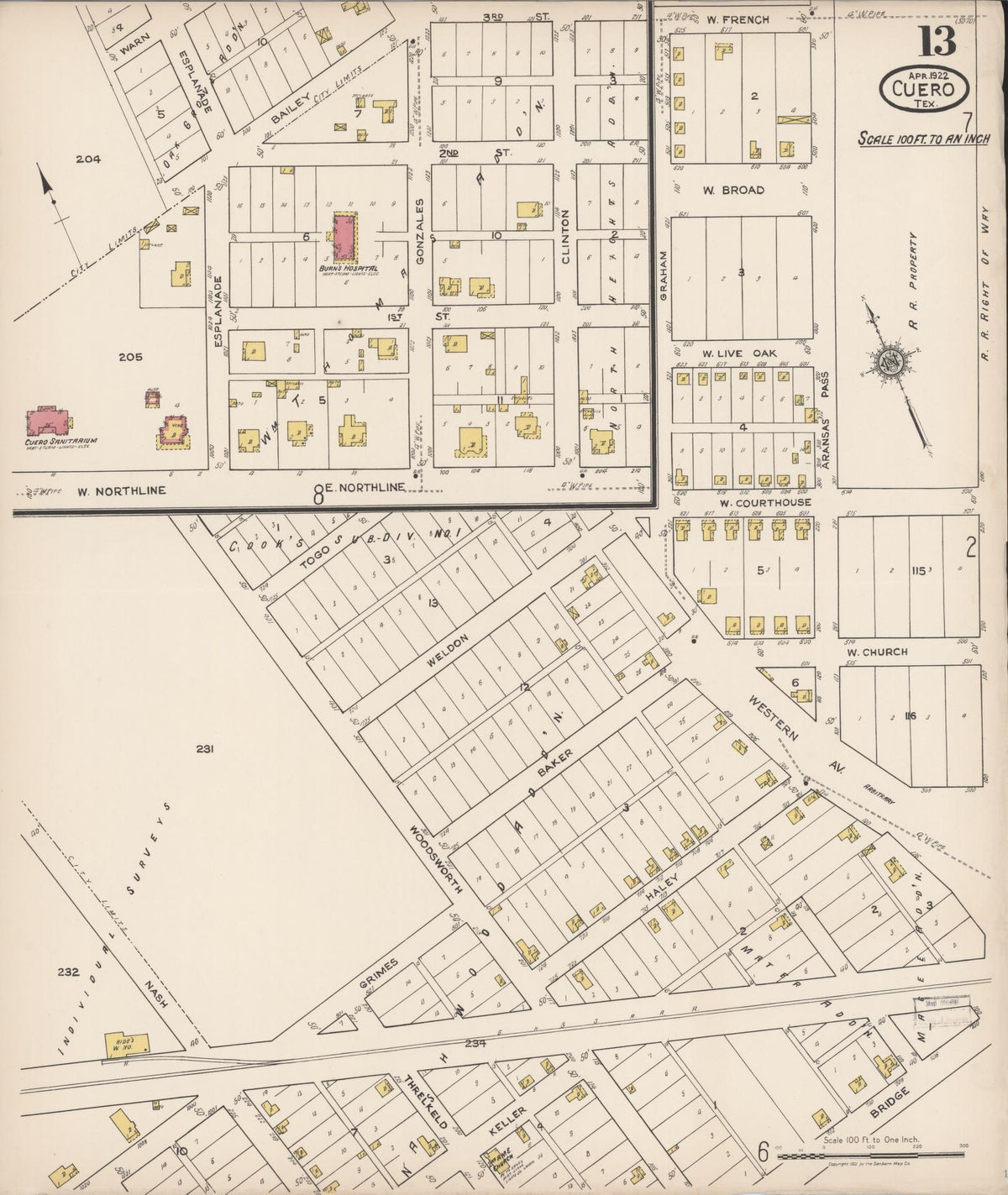 Sanborn Fire Insurance Map from Cuero, De Witt County, Texas (1922), Sheet #0013 - Complete Map Set gallery image, historic Sanborn map, vintage wall art, Texas Texas