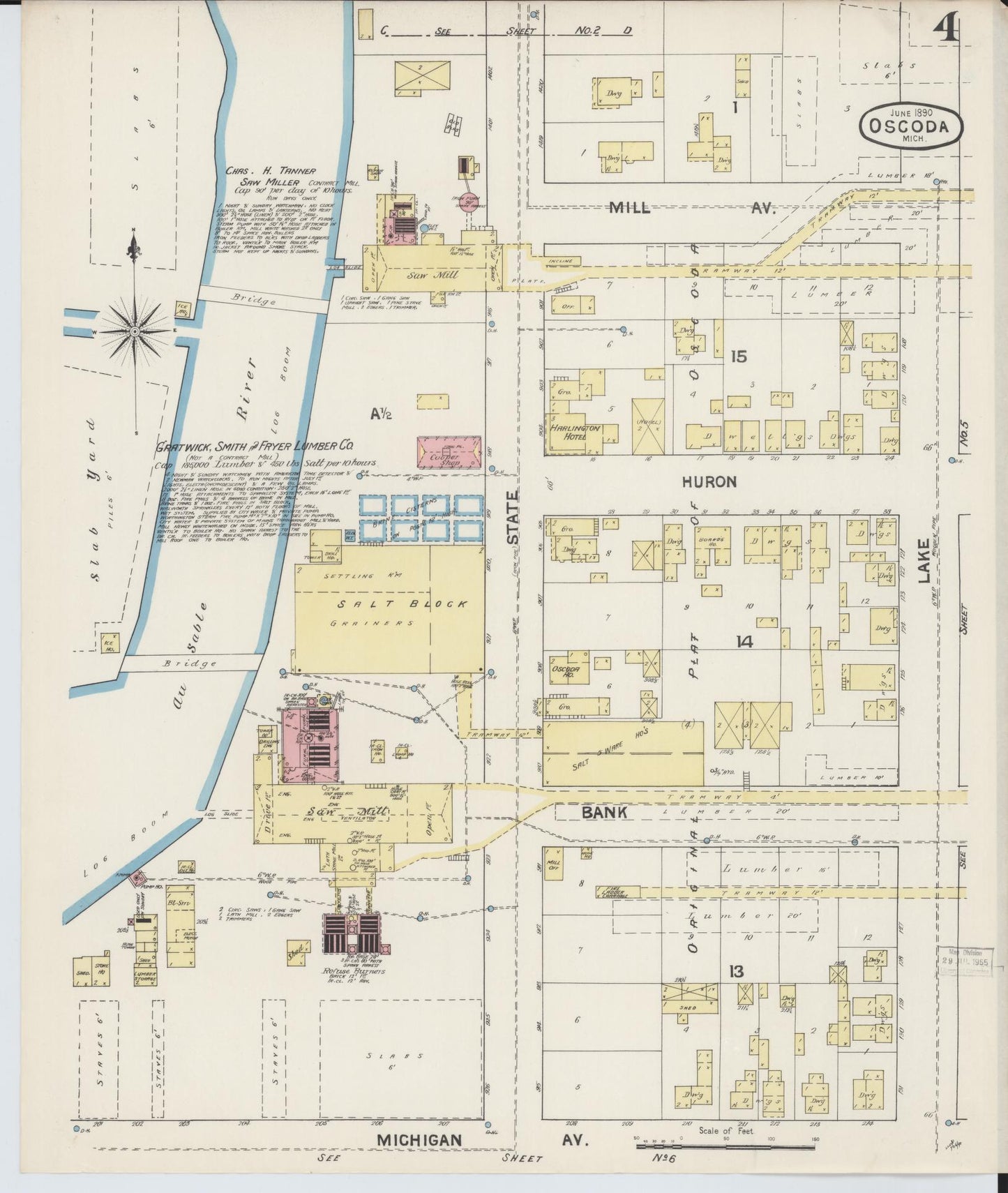Sanborn Fire Insurance Map from Oscoda, Iosco County, Michigan (1890), Sheet #0004 - Historic Sanborn Fire Insurance Map Print, vintage old map wall art, antique decor, genealogy gift, Michigan Michigan map