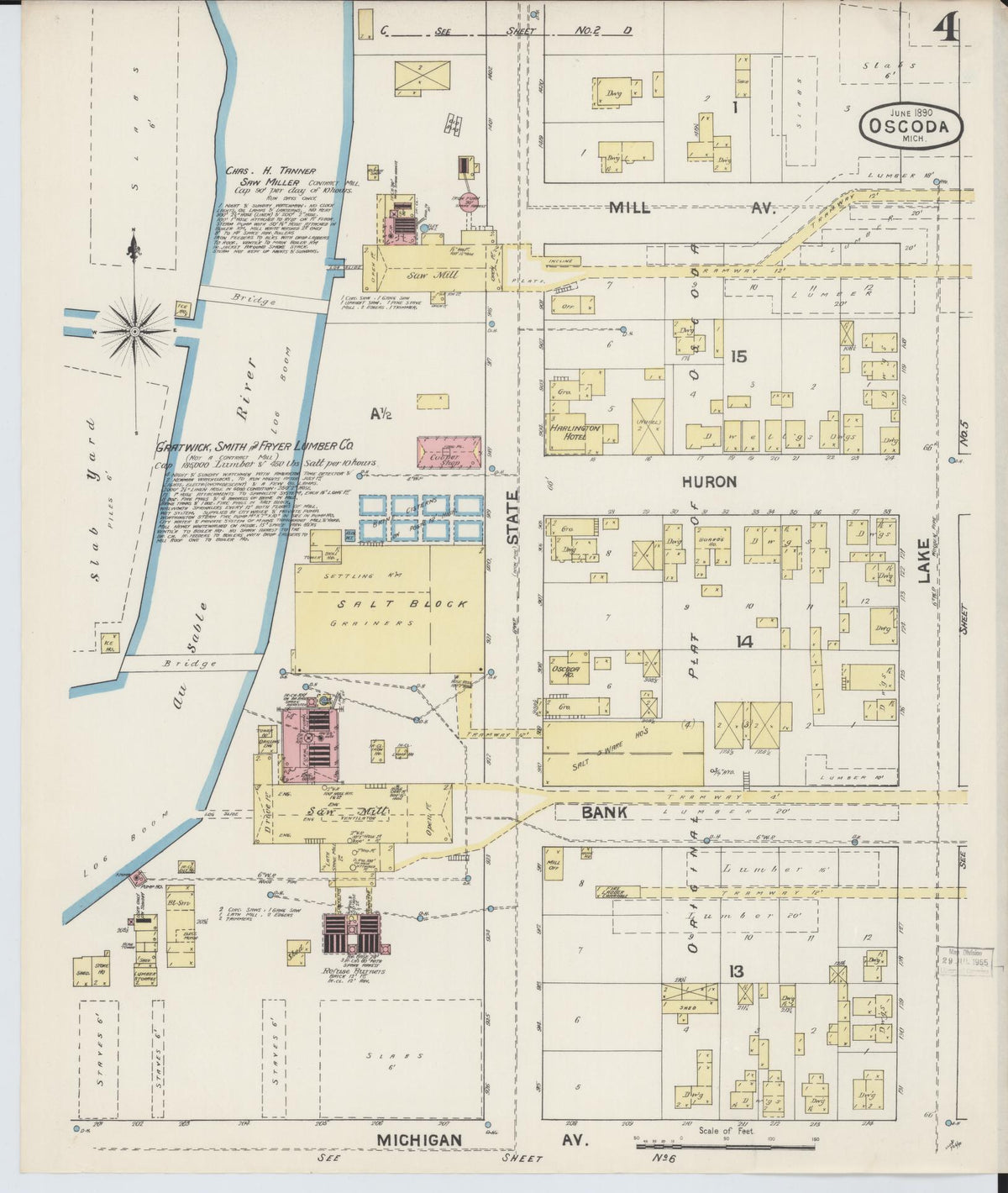 Sanborn Fire Insurance Map from Oscoda, Iosco County, Michigan (1890), Sheet #0004 - Historic Sanborn Fire Insurance Map Print, vintage old map wall art, antique decor, genealogy gift, Michigan Michigan map