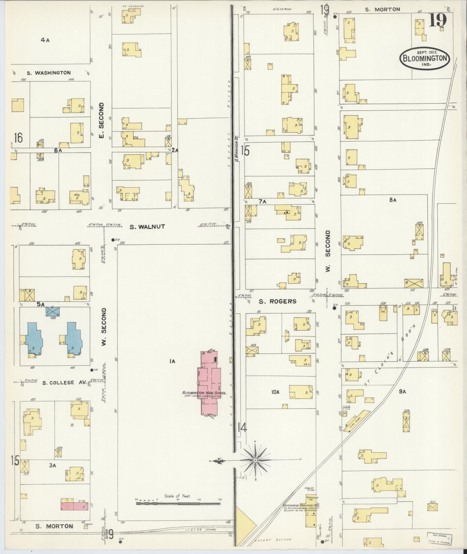 Sanborn Fire Insurance Map from Bloomington, Monroe County, Indiana (1907), Sheet #0019 - Complete Map Set gallery image, historic Sanborn map, vintage wall art, Indiana Indiana