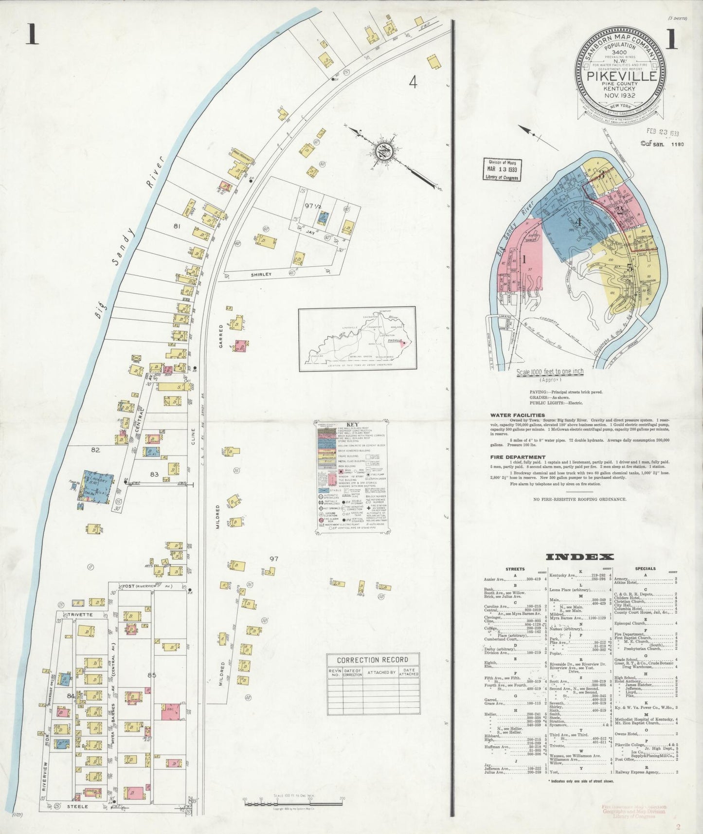 Sanborn Fire Insurance Map from Pikeville, Pike County, Kentucky (1932), Sheet #0001 - Complete Map Set gallery image, historic Sanborn map, vintage wall art, Kentucky Kentucky