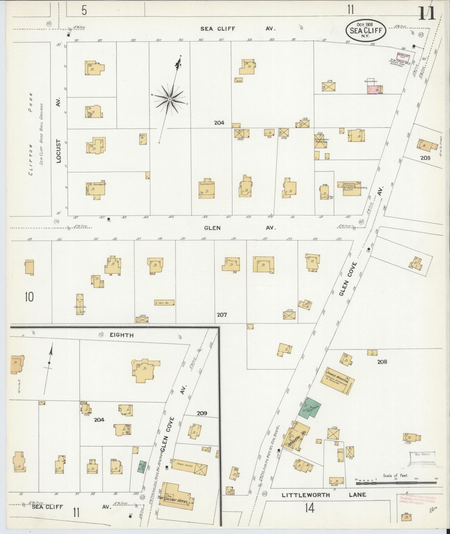 Sanborn Fire Insurance Map from Sea Cliff, Nassau County, New York (1908), Sheet #0011 - Complete Map Set gallery image, historic Sanborn map, vintage wall art, New York New York