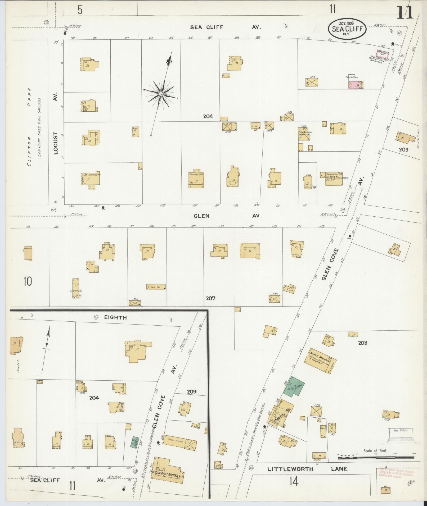 Sanborn Fire Insurance Map from Sea Cliff, Nassau County, New York (1908), Sheet #0011 - Complete Map Set gallery image, historic Sanborn map, vintage wall art, New York New York