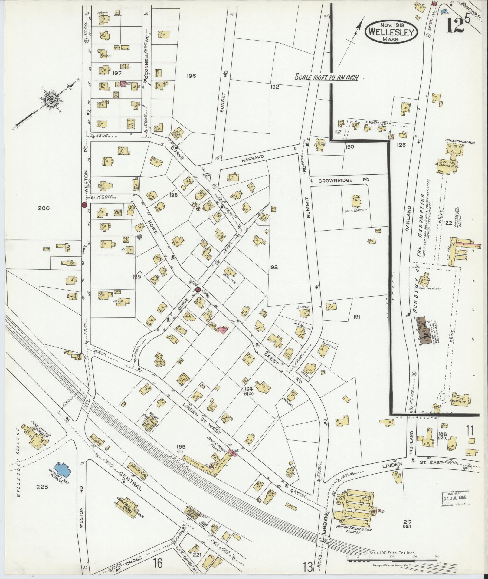 Sanborn Fire Insurance Map from Wellesley, Norfolk County, Massachusetts (1919), Sheet #0012 - Complete Map Set gallery image, historic Sanborn map, vintage wall art, Massachusetts Massachusetts