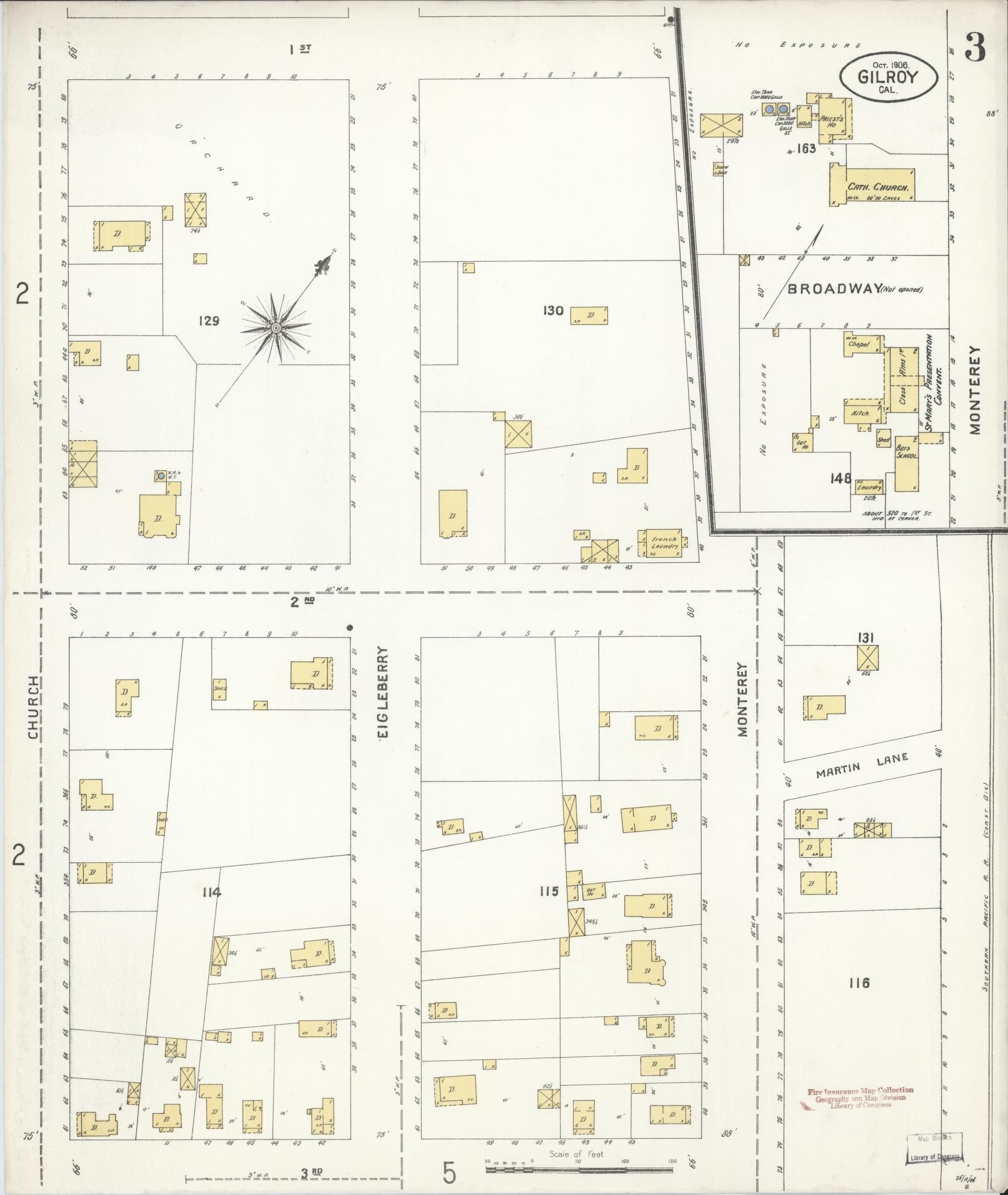 Sanborn Fire Insurance Map from Gilroy, Santa Clara County, California (1906), Sheet #0003 - Historic Sanborn Fire Insurance Map Print, vintage old map wall art, antique decor, genealogy gift, California California map