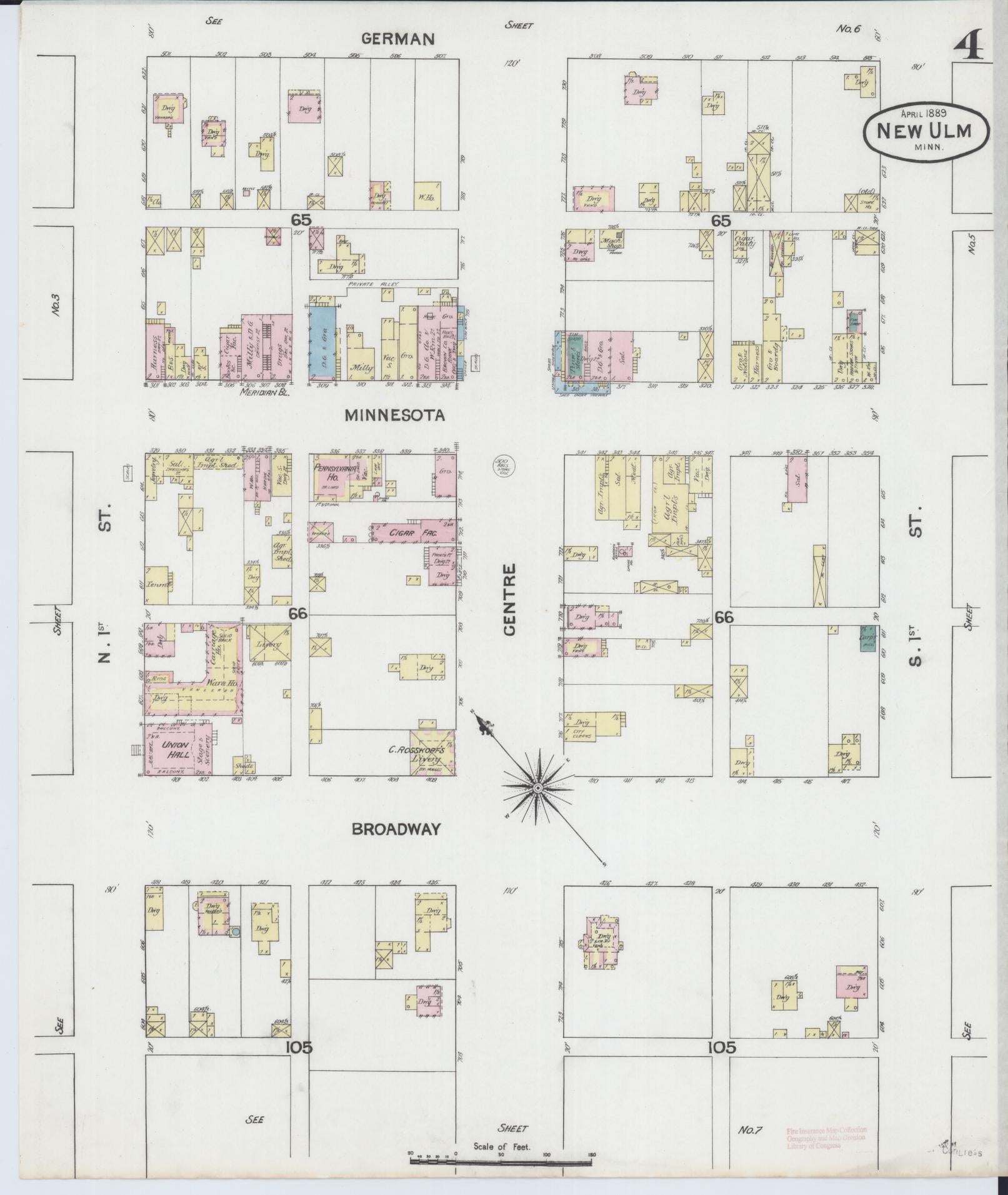 Sanborn Fire Insurance Map from New Ulm, Brown County, Minnesota (1889), Sheet #0004 - Historic Sanborn Fire Insurance Map Print, vintage old map wall art, antique decor, genealogy gift, Minnesota Minnesota map