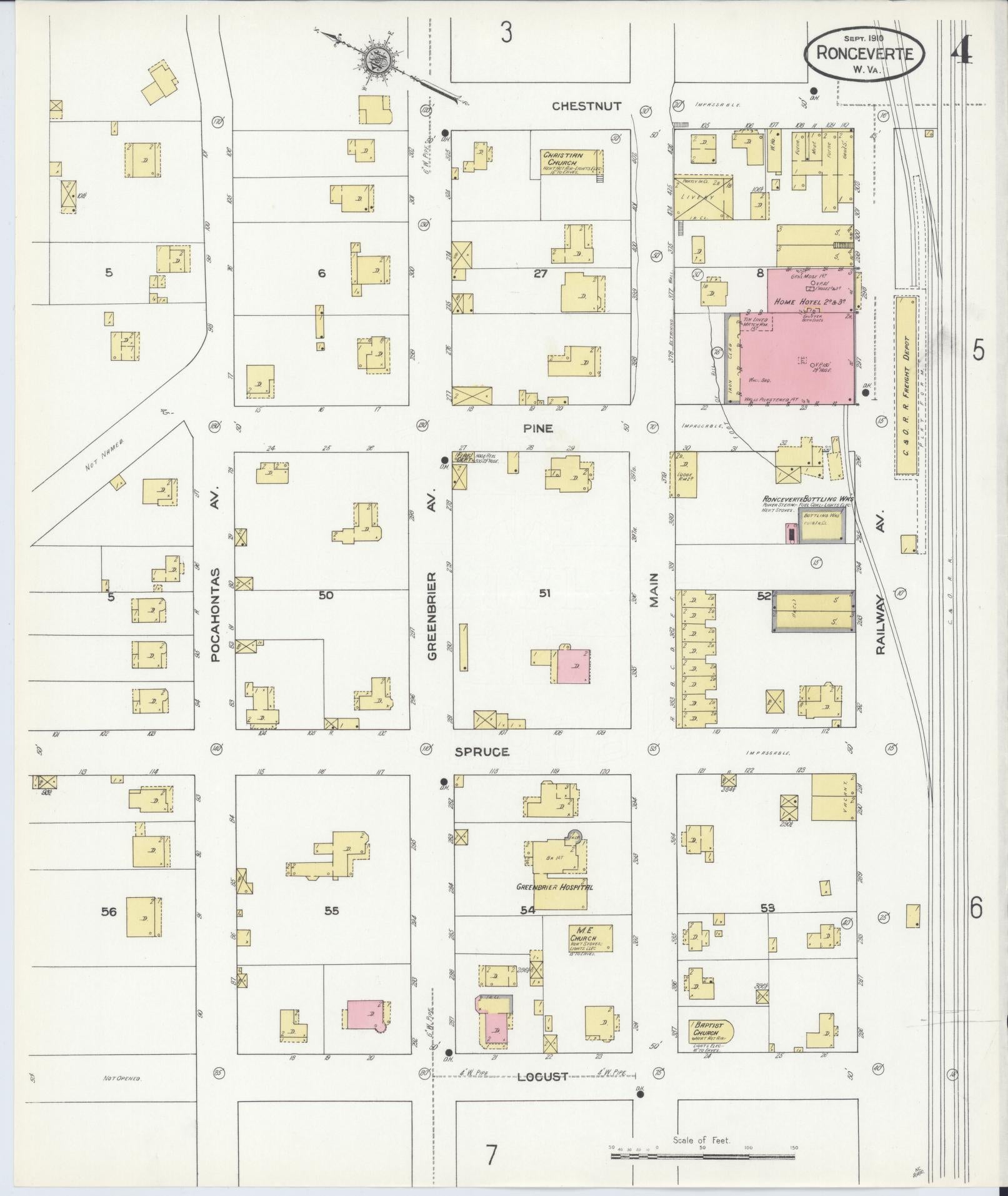 Sanborn Fire Insurance Map from Ronceverte, Greenbrier County, West Virginia (1910), Sheet #0004 - Historic Sanborn Fire Insurance Map Print, vintage old map wall art, antique decor, genealogy gift, West Virginia West Virginia map