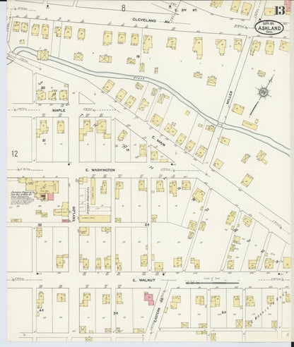 Sanborn Fire Insurance Map from Ashland, Ashland County, Ohio (1911), Sheet #0013 - Historic Sanborn Fire Insurance Map Print, vintage old map wall art, antique decor, genealogy gift, Ohio Ohio map
