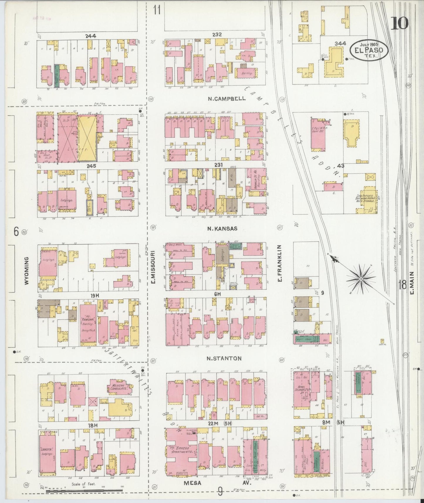 Sanborn Fire Insurance Map from El Paso, El Paso County, Texas (1905), Sheet #0010 - Complete Map Set gallery image, historic Sanborn map, vintage wall art, Texas Texas