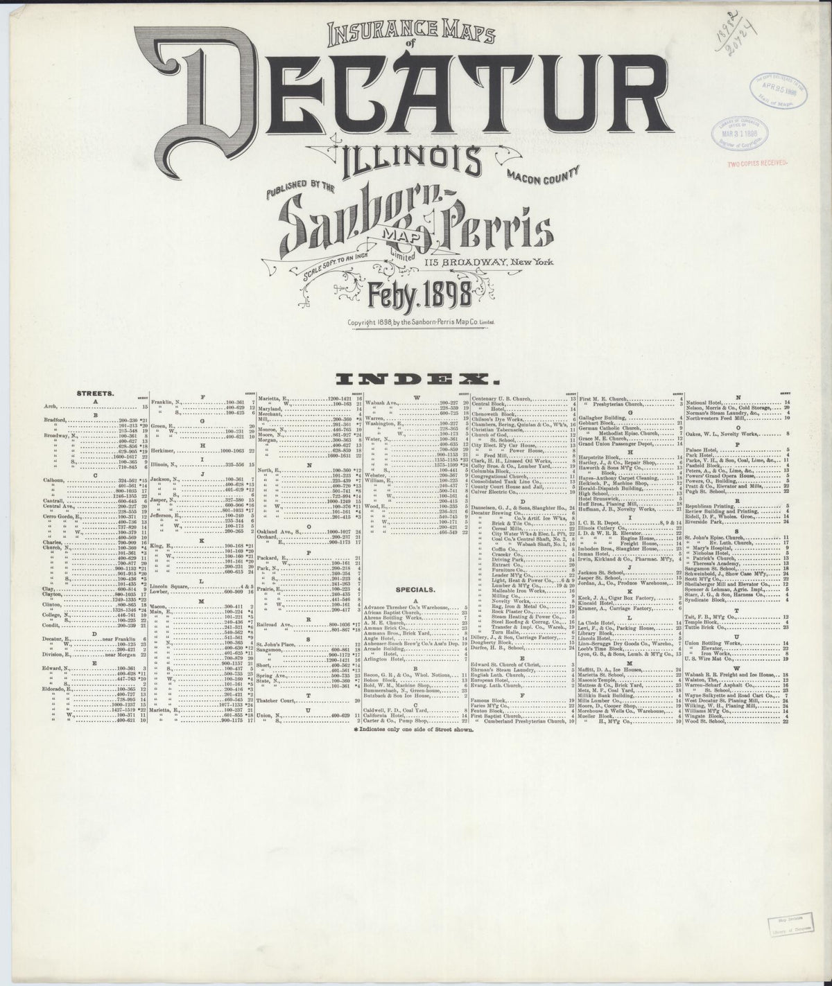 Sanborn Fire Insurance Map from Decatur, Macon County, Illinois (1898), Sheet #0001 - Historic Sanborn Fire Insurance Map Print, vintage old map wall art, antique decor, genealogy gift, Illinois Illinois map