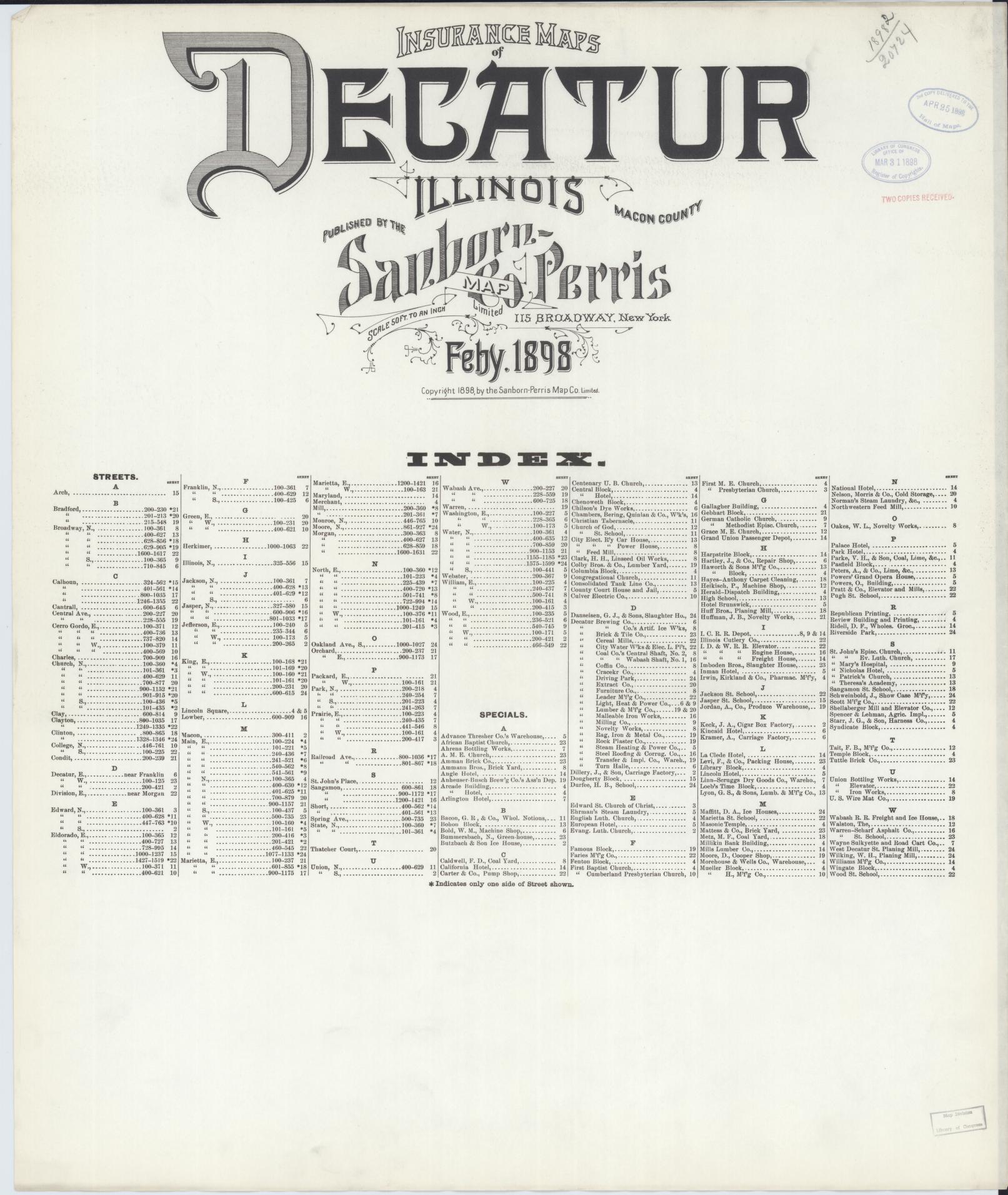 Sanborn Fire Insurance Map from Decatur, Macon County, Illinois (1898), Sheet #0001 - Historic Sanborn Fire Insurance Map Print, vintage old map wall art, antique decor, genealogy gift, Illinois Illinois map