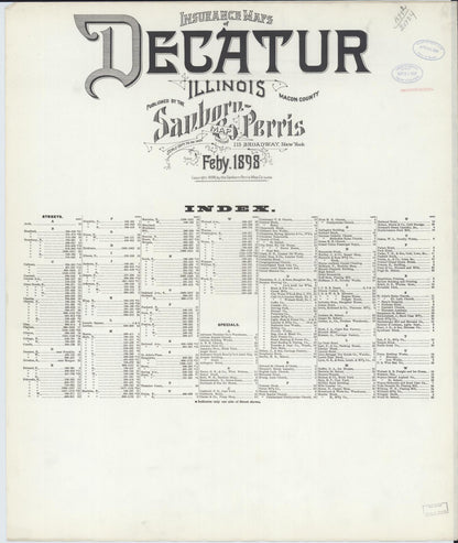 Sanborn Fire Insurance Map from Decatur, Macon County, Illinois (1898), Sheet #0001 - Historic Sanborn Fire Insurance Map Print, vintage old map wall art, antique decor, genealogy gift, Illinois Illinois map