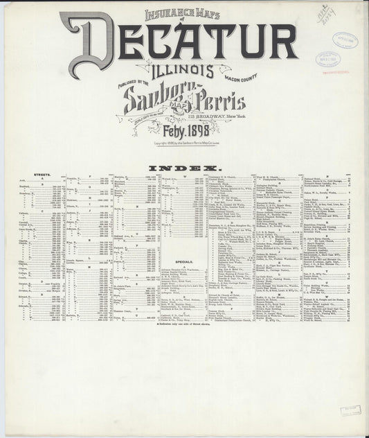 Sanborn Fire Insurance Map from Decatur, Macon County, Illinois (1898), Sheet #0001 - Historic Sanborn Fire Insurance Map Print, vintage old map wall art, antique decor, genealogy gift, Illinois Illinois map