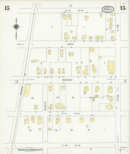 Sanborn Fire Insurance Map from Ocala, Marion County, Florida (1924), Sheet #0015 - Historic Sanborn Fire Insurance Map Print, vintage old map wall art, antique decor, genealogy gift, Florida Florida map