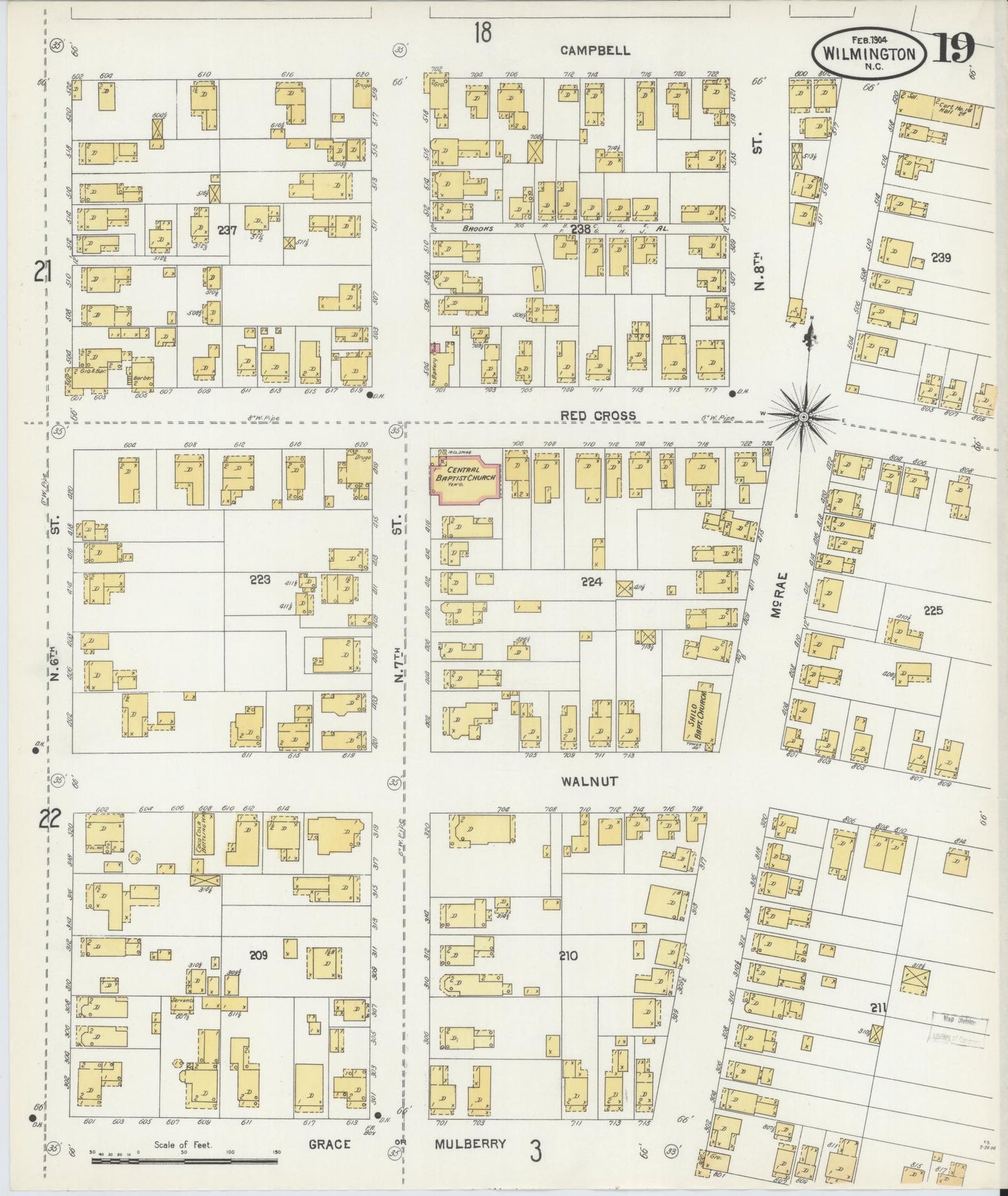 Sanborn Fire Insurance Map from Wilmington, New Hanover County, North Carolina (1904), Sheet #0019 - Historic Sanborn Fire Insurance Map Print, vintage old map wall art, antique decor, genealogy gift, North Carolina North Carolina map