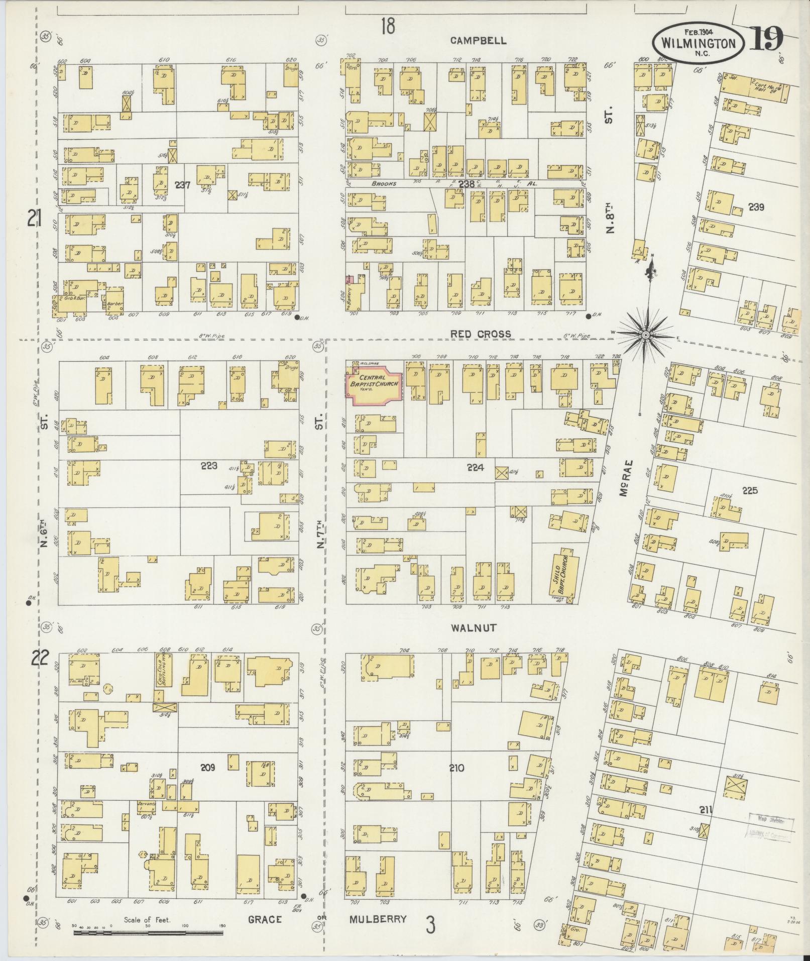 Sanborn Fire Insurance Map from Wilmington, New Hanover County, North Carolina (1904), Sheet #0019 - Historic Sanborn Fire Insurance Map Print, vintage old map wall art, antique decor, genealogy gift, North Carolina North Carolina map