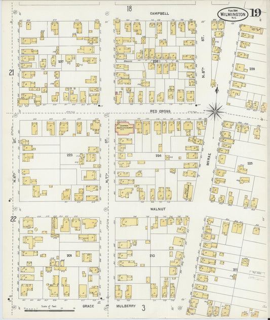 Sanborn Fire Insurance Map from Wilmington, New Hanover County, North Carolina (1904), Sheet #0019 - Historic Sanborn Fire Insurance Map Print, vintage old map wall art, antique decor, genealogy gift, North Carolina North Carolina map