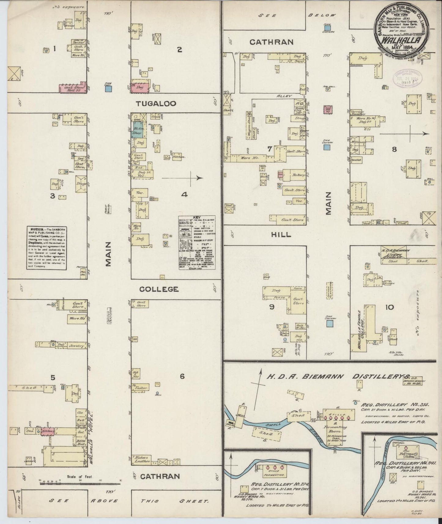 Sanborn Fire Insurance Map from Walhalla, Oconee County, South Carolina (1884), Sheet #0001 - Historic Sanborn Fire Insurance Map Print, vintage old map wall art, antique decor, genealogy gift, South Carolina South Carolina map