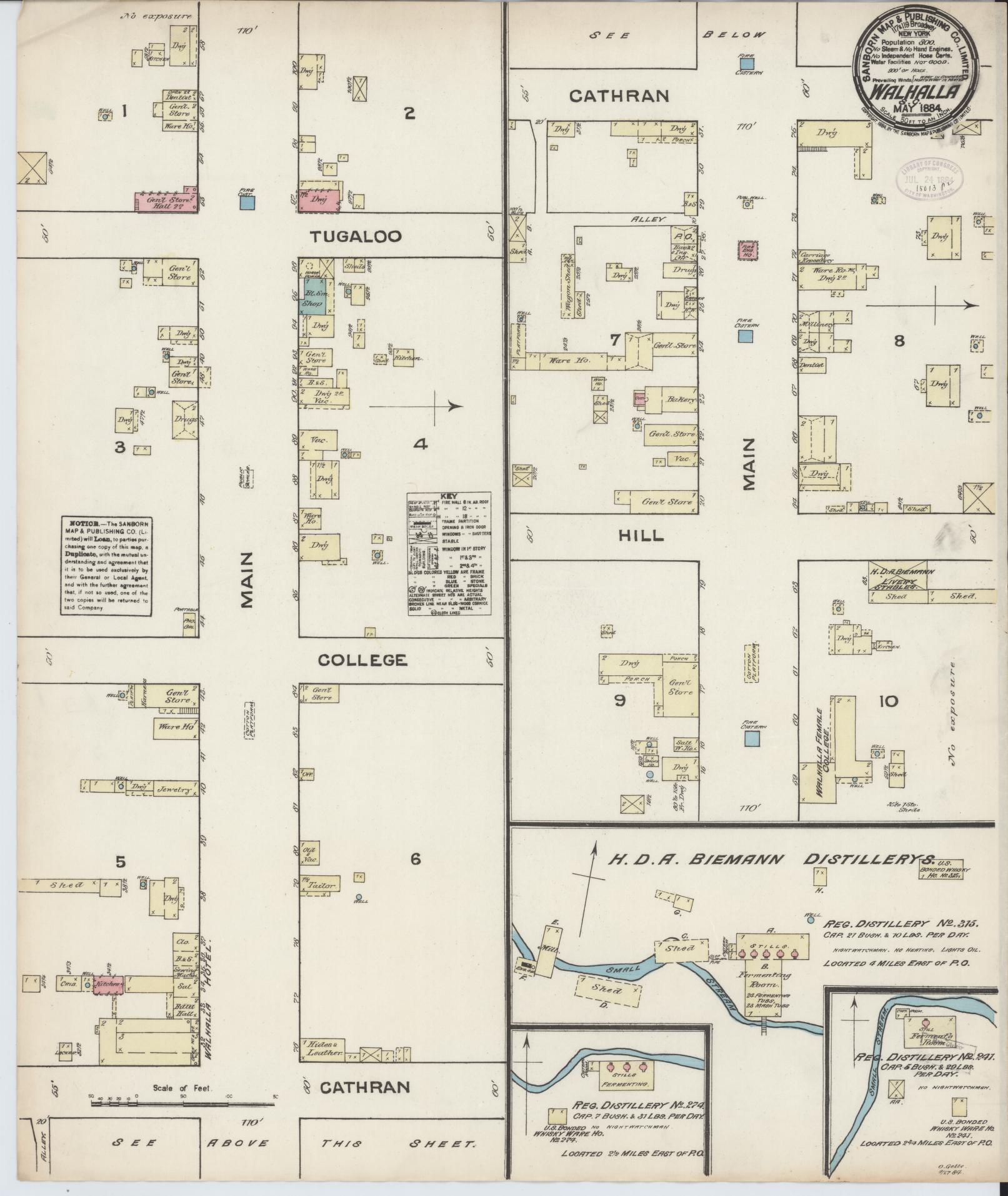 Sanborn Fire Insurance Map from Walhalla, Oconee County, South Carolina (1884), Sheet #0001 - Historic Sanborn Fire Insurance Map Print, vintage old map wall art, antique decor, genealogy gift, South Carolina South Carolina map