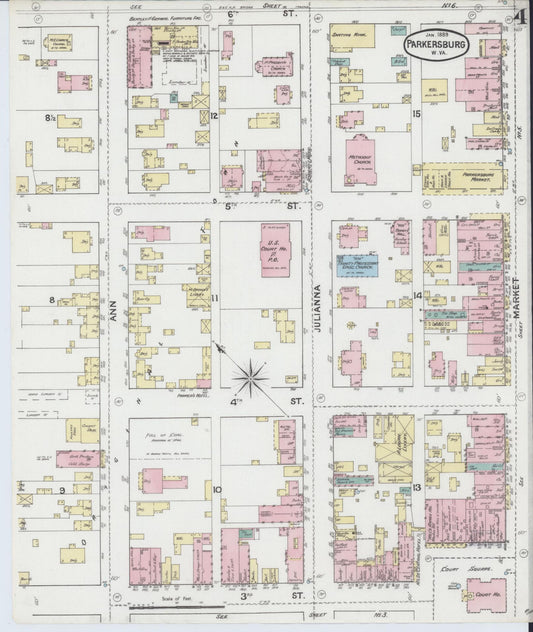 Sanborn Fire Insurance Map from Parkersburg, Wood County, West Virginia (1889), Sheet #0004 - Historic Sanborn Fire Insurance Map Print, vintage old map wall art, antique decor, genealogy gift, West Virginia West Virginia map