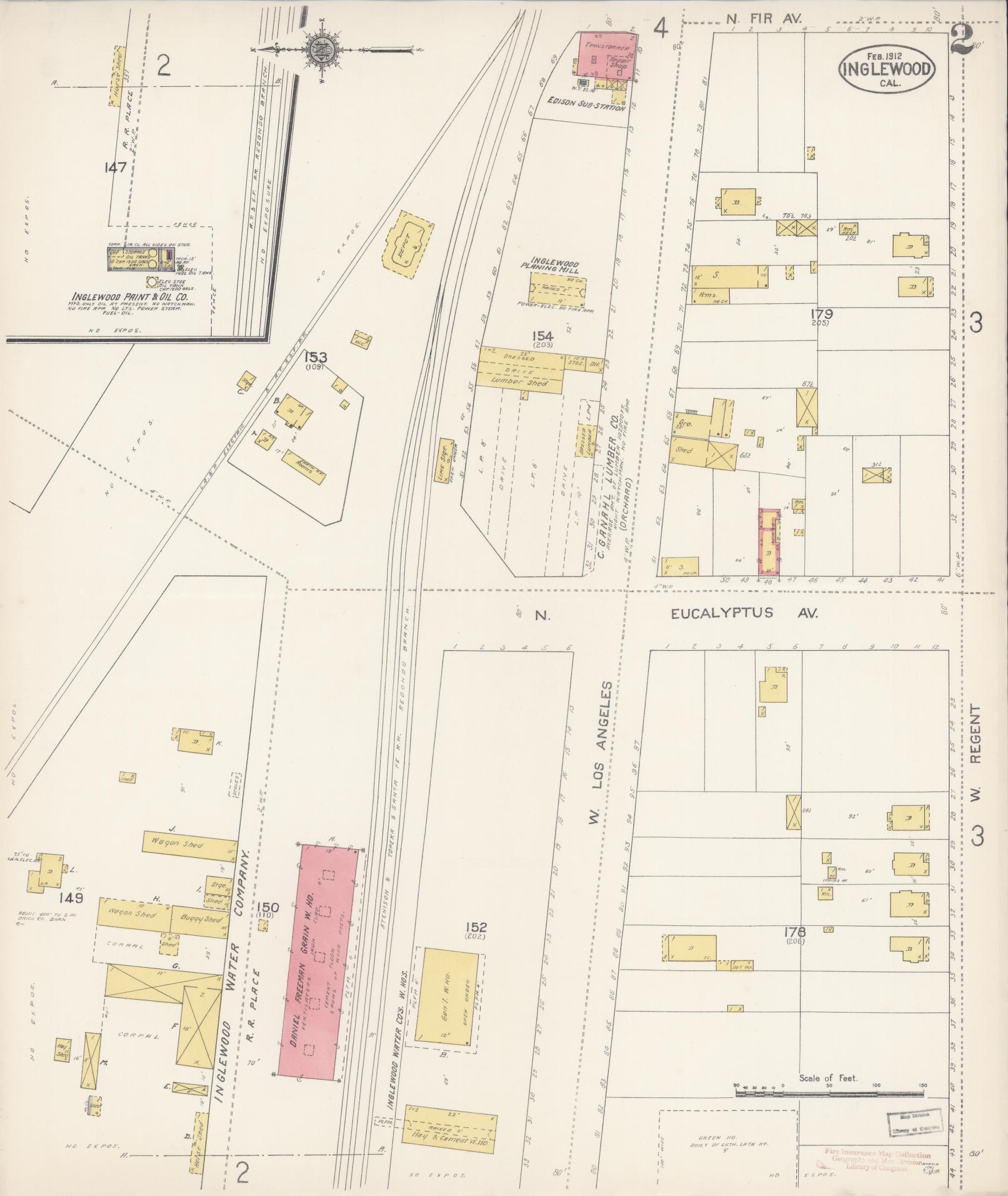 Sanborn Fire Insurance Map from Inglewood, Los Angeles County, California (1912), Sheet #0002 - Historic Sanborn Fire Insurance Map Print, vintage old map wall art, antique decor, genealogy gift, California California map