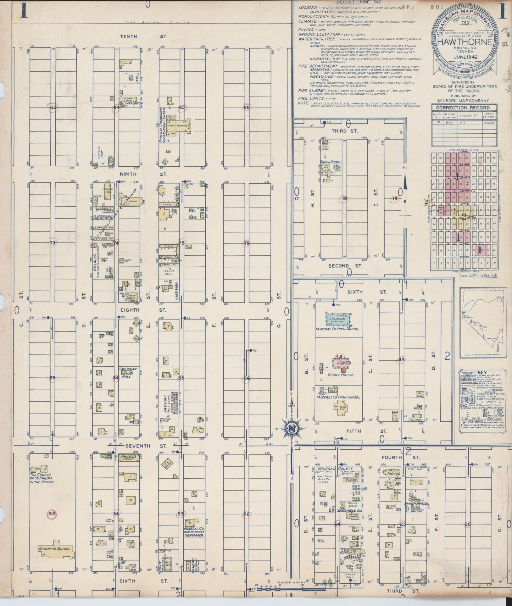 Sanborn Fire Insurance Map from Hawthorne, Mineral County, Nevada (1943), Sheet #0001 - Historic Sanborn Fire Insurance Map Print, vintage old map wall art, antique decor, genealogy gift, Nevada Nevada map