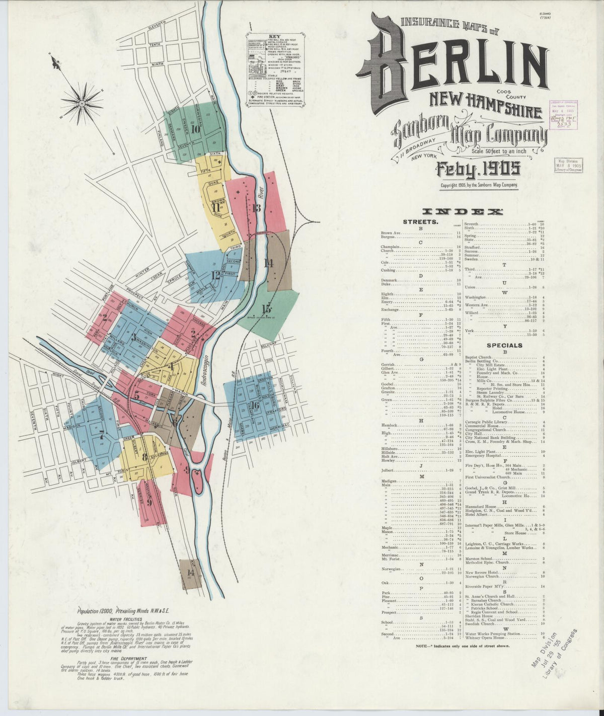 Sanborn Fire Insurance Map from Berlin, Coos County, New Hampshire (1905), Sheet #0001 - Historic Sanborn Fire Insurance Map Print, vintage old map wall art, antique decor, genealogy gift, New Hampshire New Hampshire map